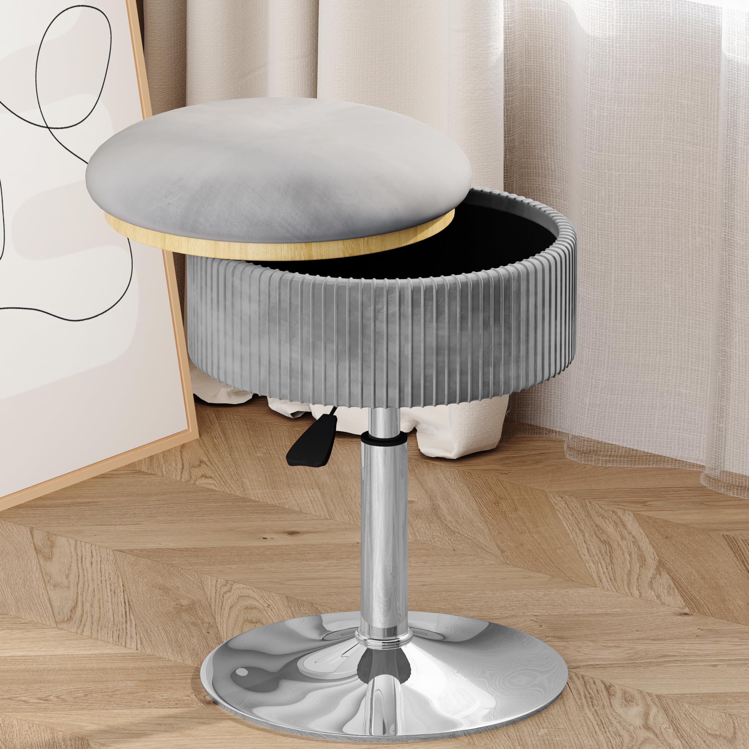 ACEQLYT® 360° Swivel Adjustable Storage Stool - Velvet Round Ottoman Chair for Vanity, Bathroom & Bedroom | Multifunctional Makeup Stool with Hidden Storage | Perfect for Dressing Tables, Small Spaces & Home Decor (Gray)