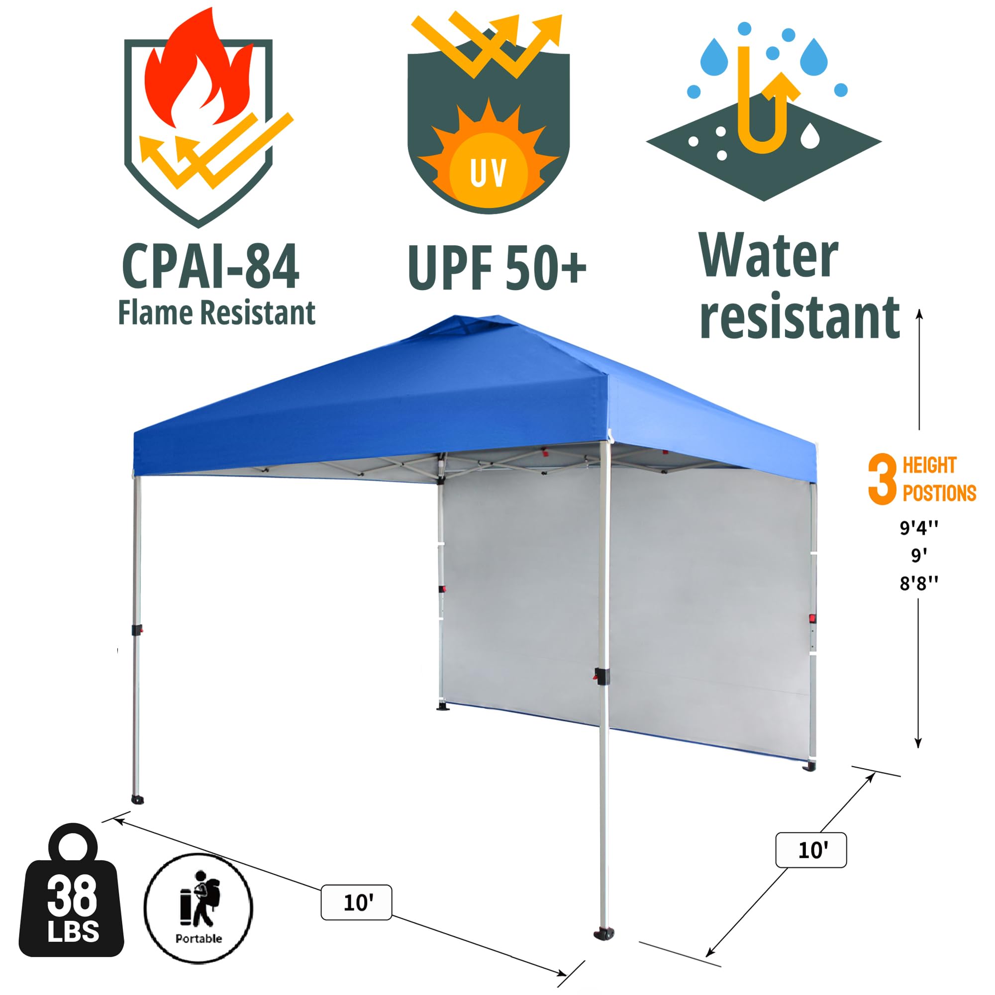CROWN SHADES 10x10 Pop Up Canopy Tent with 1 Side Wall - Instant Setup Beach Sun Shelter for Outdoor Events, Parties, Camping - Portable Gazebo with STO-N-Go Carry Bag (Blue) | Perfect for Backyard BBQs, Picnics, Tailgating & Beach Days