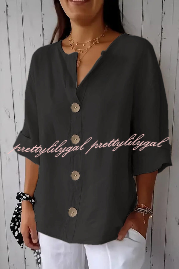 Stylish Solid Color V-Neck Loose Button Down Top for Women - Casual & Office Wear