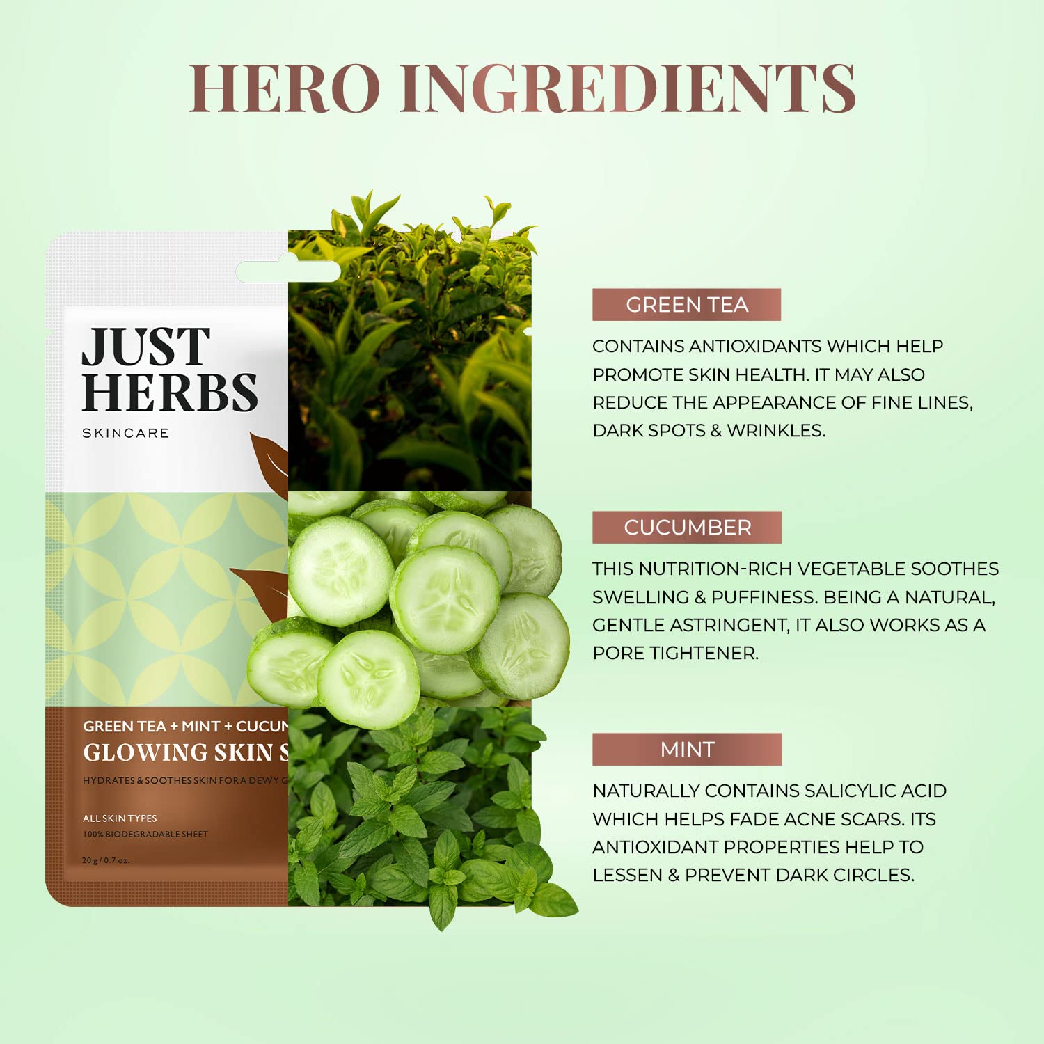 Just Herbs Sheet Mask for Glowing Skin - Green Tea, Mint & Cucumber Facial Serum Masks (20g) | Hydrating & Brightening Face Mask for Spa Day & Self-Care Routine