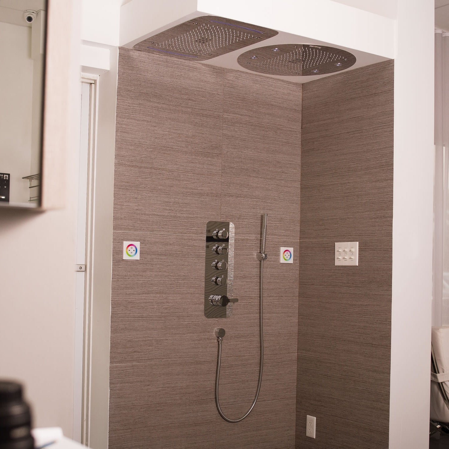 DAX R242 Ceiling Mounted Round Rain Shower System with LED Lights - Brass Body & Chrome Finish - Includes Hand Shower & Individual Controls - Perfect for Modern Bathrooms & Spa-Like Showers