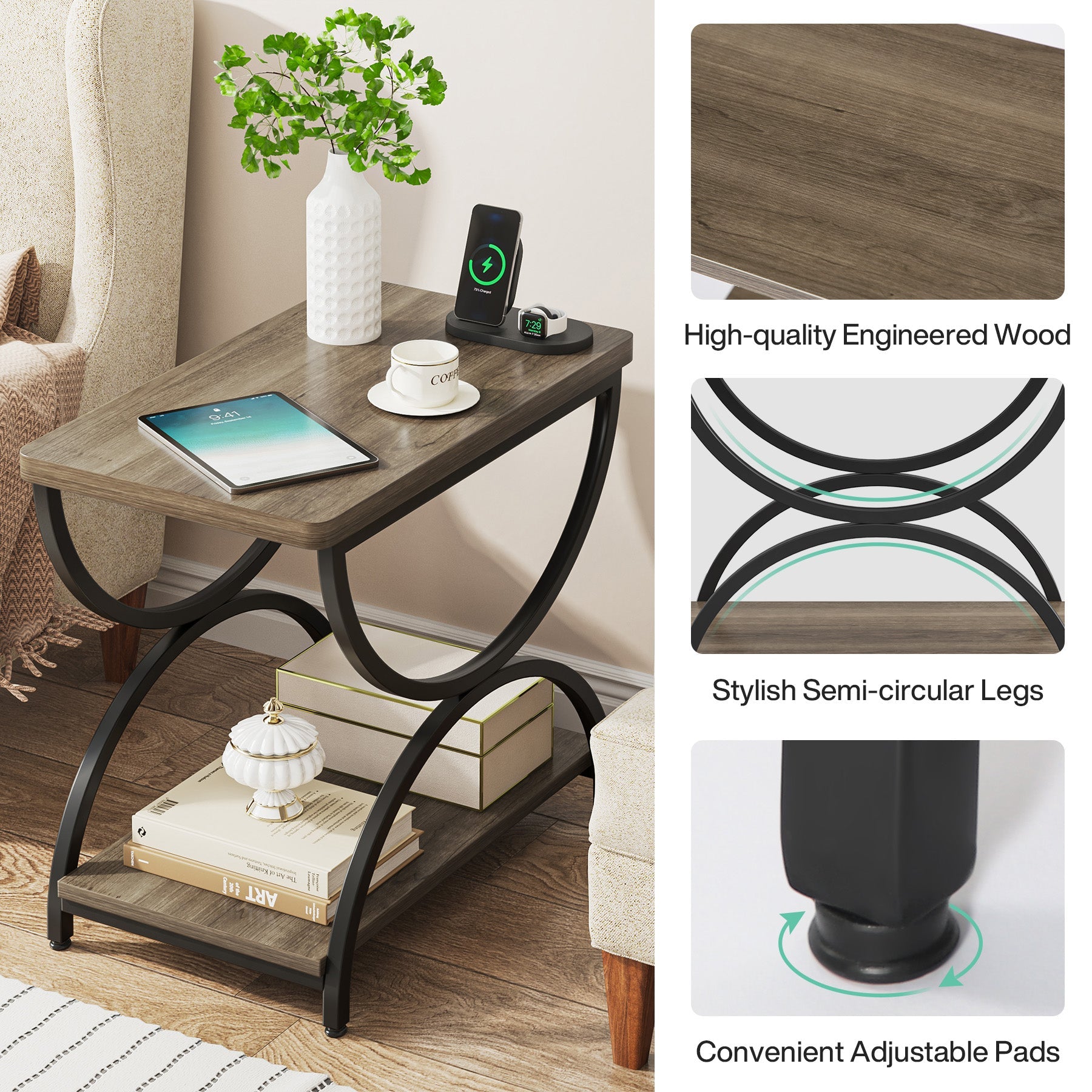 2 Tier End Table with Metal Frame - Modern Rectangular Side Table for Living Room, Bedroom & Office - Sturdy & Stylish Home Decor Accent Piece
