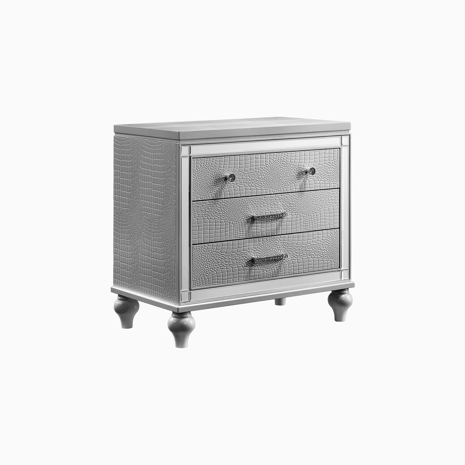 Valentino Solid Wood 3-Drawer Nightstand - Classic Bedside Table with Silver Finish | Perfect for Bedroom, Guest Room & Apartment Furniture