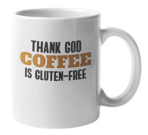 Funny Thank God Coffee Is Gluten Free 11oz Ceramic Mug - Vegan Friendly Coffee & Tea Cup for Home, Office, Gifts