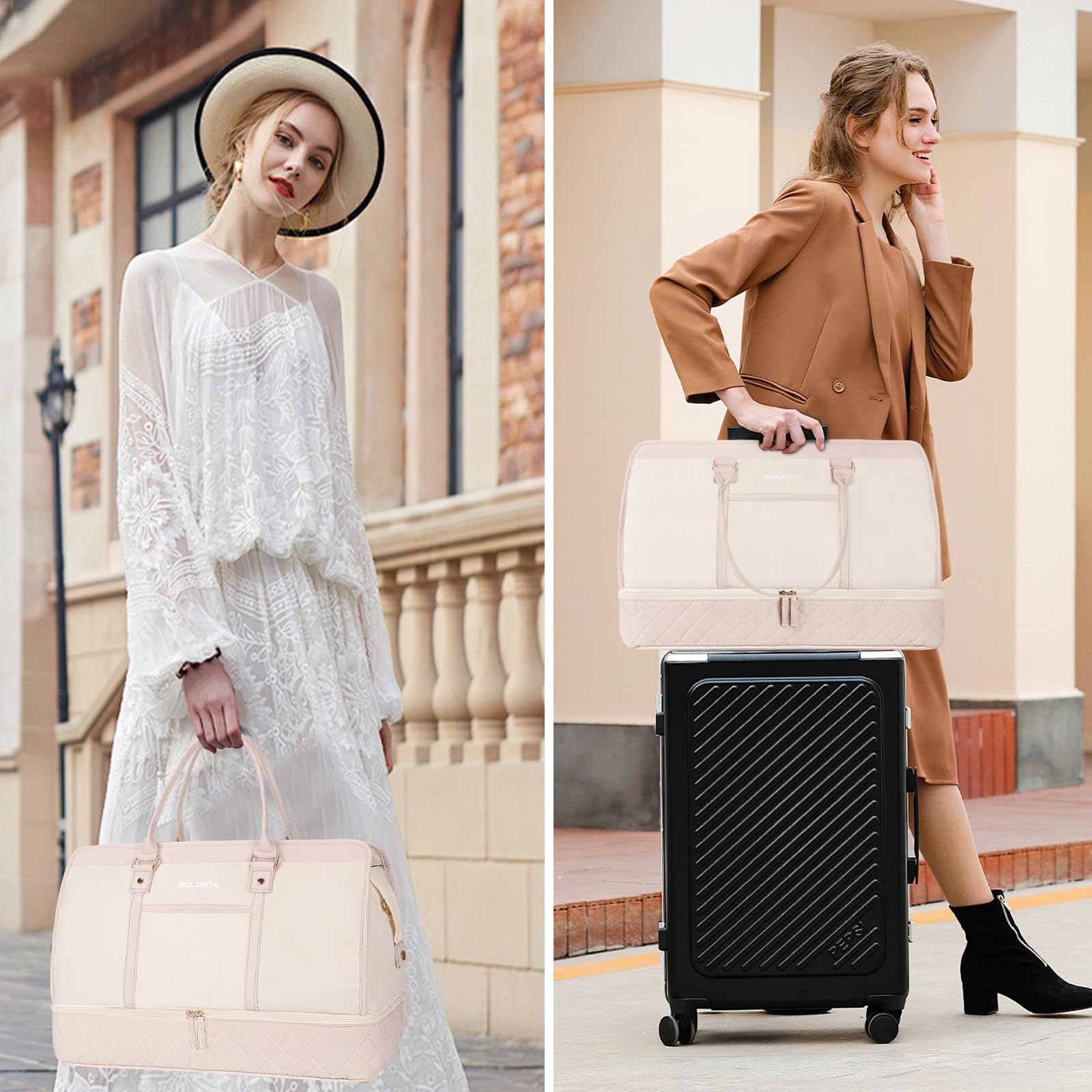 BOLOSTA Large Weekender Bag for Women with Shoe Compartment & Wet Pocket - Spacious Carry-On Overnight Duffle Tote with Toiletry Bag - Perfect for Travel, Gym, Business Trips & Weekend Getaways - Beige