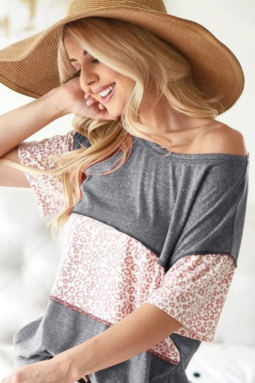 BiBi Triblend Knit Sweater with Leopard Block Out Stitching - Cozy Women's Pullover for Casual Wear & Fall Fashion