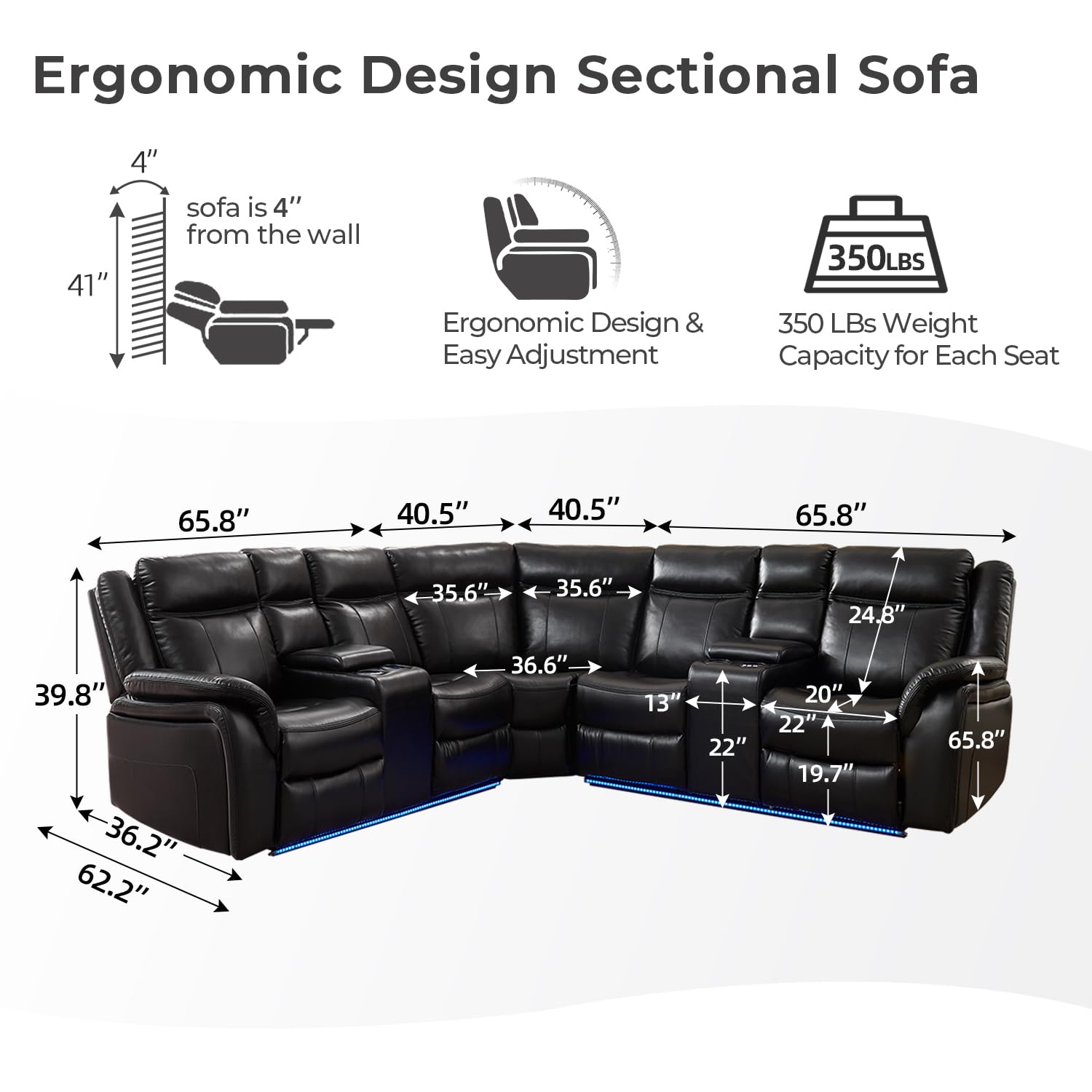 Power Recliner Sectional Sofa with LED Lights, USB Charger & Cup Holders - Faux Leather Reclining Corner Couch Set with 2 Home Theater Seats & Storage Console - Black - Perfect for Living Room, Home Theater & Family Movie Nights