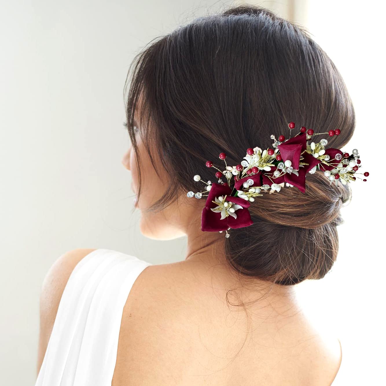 Artificial Lily Flower Hair Clip with Stone & Pearl - Bridal Hair Veil, Juda Bun, Hair Accessories for Women & Girls (Maroon) | Perfect for Weddings, Prom, Parties & Special Occasions