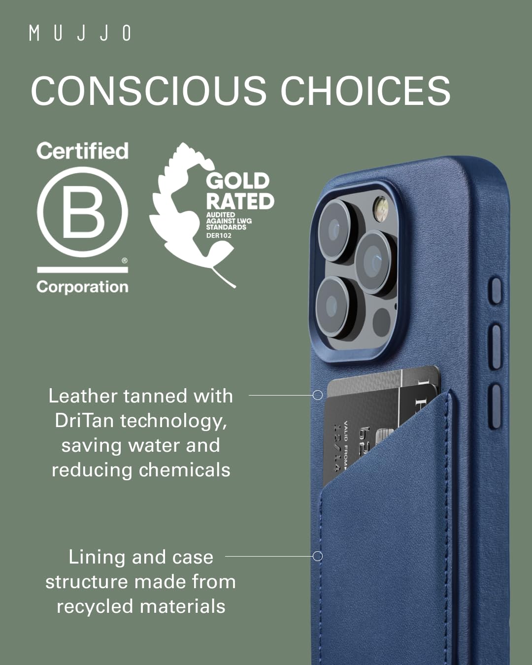 Premium Mujjo Leather Wallet Case for iPhone 15 Pro | MagSafe Compatible | European Leather with Card Pocket | Enhanced Protection for Phone & Camera | Eco-Friendly Recycled Materials | Perfect for Everyday Use, Travel & Business Professionals