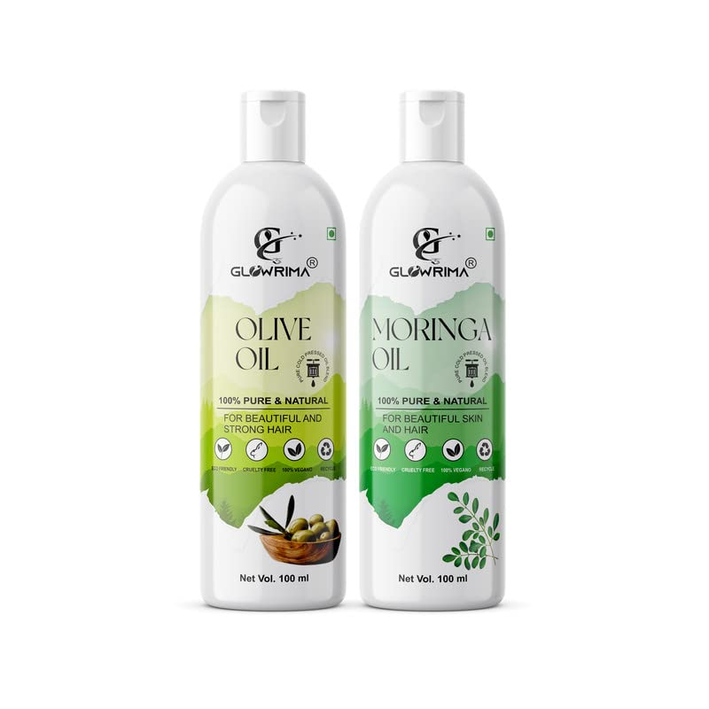 Glowrima 100% Pure Olive Oil & Moringa Oil Combo (100ML Each) - For Rapid Hair Growth, Anti Hair Fall, Split Ends Repair - Promotes Softer, Shinier & Healthier Hair - Perfect for Daily Hair Care & Scalp Massage (Pack of 2)