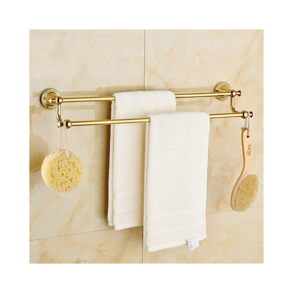European Style Gold Towel Bar - 60cm Double Pole Bathroom Towel Rack with Hooks for Hand & Bath Towels - Rustproof Shelf for Spa, Hotel & Home Decor (Gold)