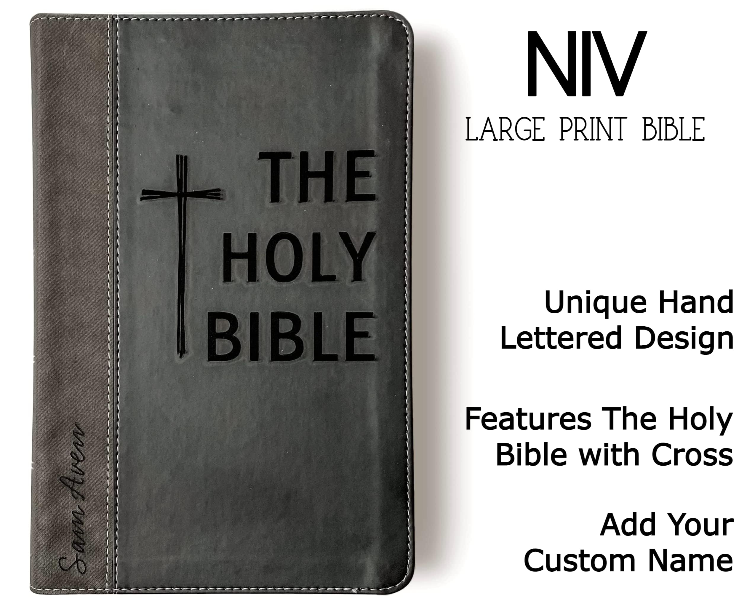 Personalized NIV Black/Gray Leathersoft Bible with Hand Lettering & Laser Engraving - Custom Name Engraving Available - Perfect Wedding, Baptism, Graduation & Birthday Gift - Ideal for Church Services, Bible Study & Spiritual Growth