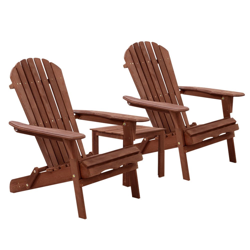 3PC Adirondack Outdoor Table and Chairs Set - Foldable Wooden Patio Furniture for Garden, Beach, Poolside - Weather-Resistant Brown Finish for Backyard Relaxation