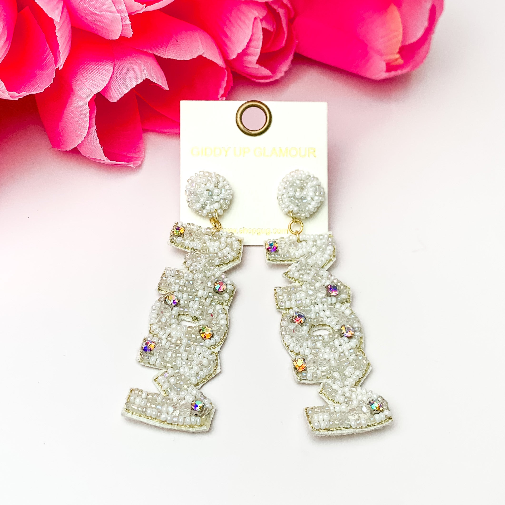 Elegant Beaded Mom Drop Earrings with AB Crystals in White - Perfect for Weddings, Parties & Special Occasions