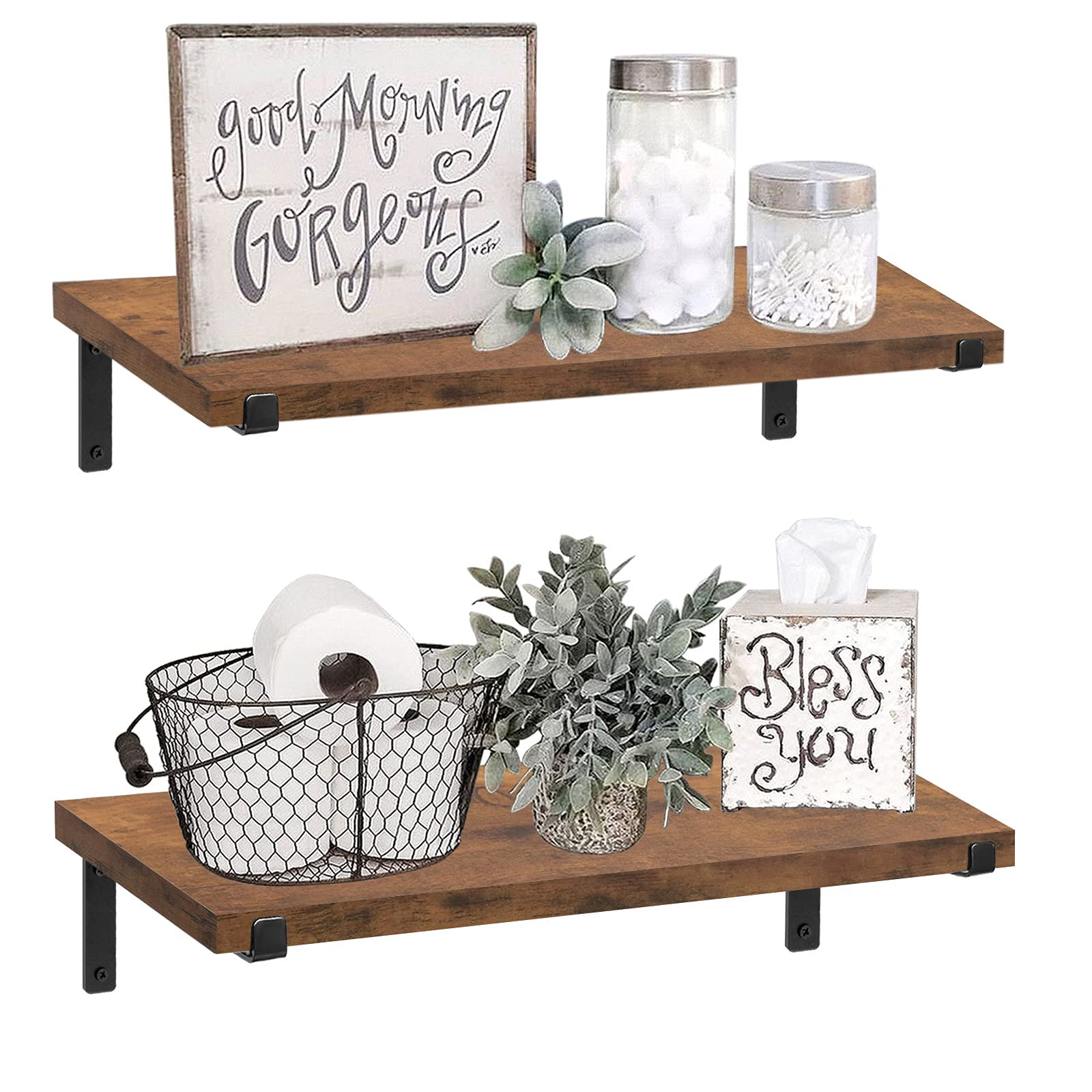 Farmhouse Wall Shelf Set of 2 - 24 Inch Floating Shelves for Bathroom, Bedroom & Living Room - Rustic Brown Wooden Shelves (009-60BN) | Perfect for Home Decor, Storage & Displaying Photos/Plants