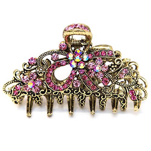 Beautyxyz Pink Austrian Crystal Hair Claw Clip - Elegant Blue Wedding Hair Accessory with Ribbon Bow, 4 Metal Colors (Pink) | Perfect for Bridal, Prom & Special Occasions