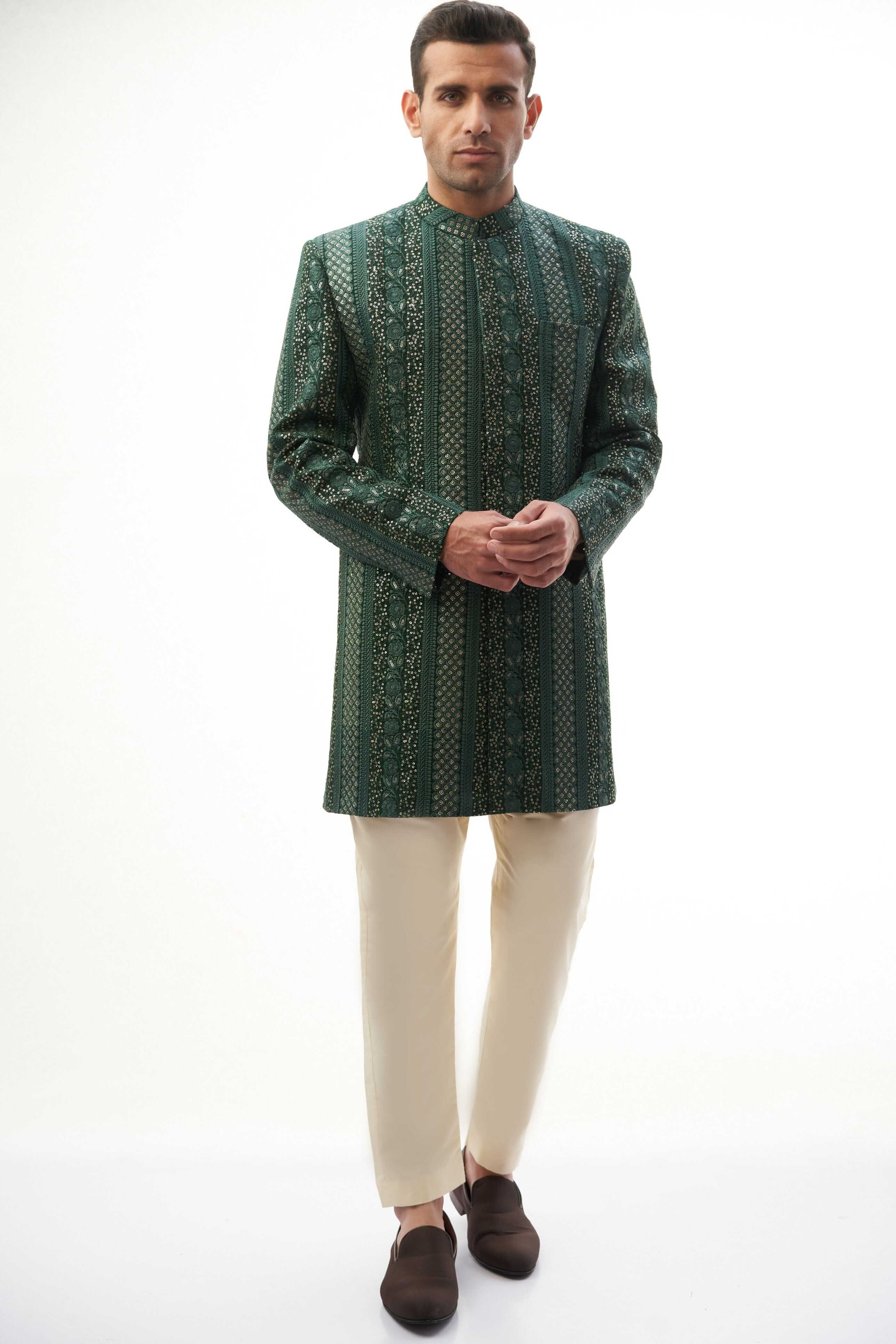 Emerald Green & Gold Short Sherwani with Sequins for Men | Indian Wedding Outfit | Party Wear & Festive Attire