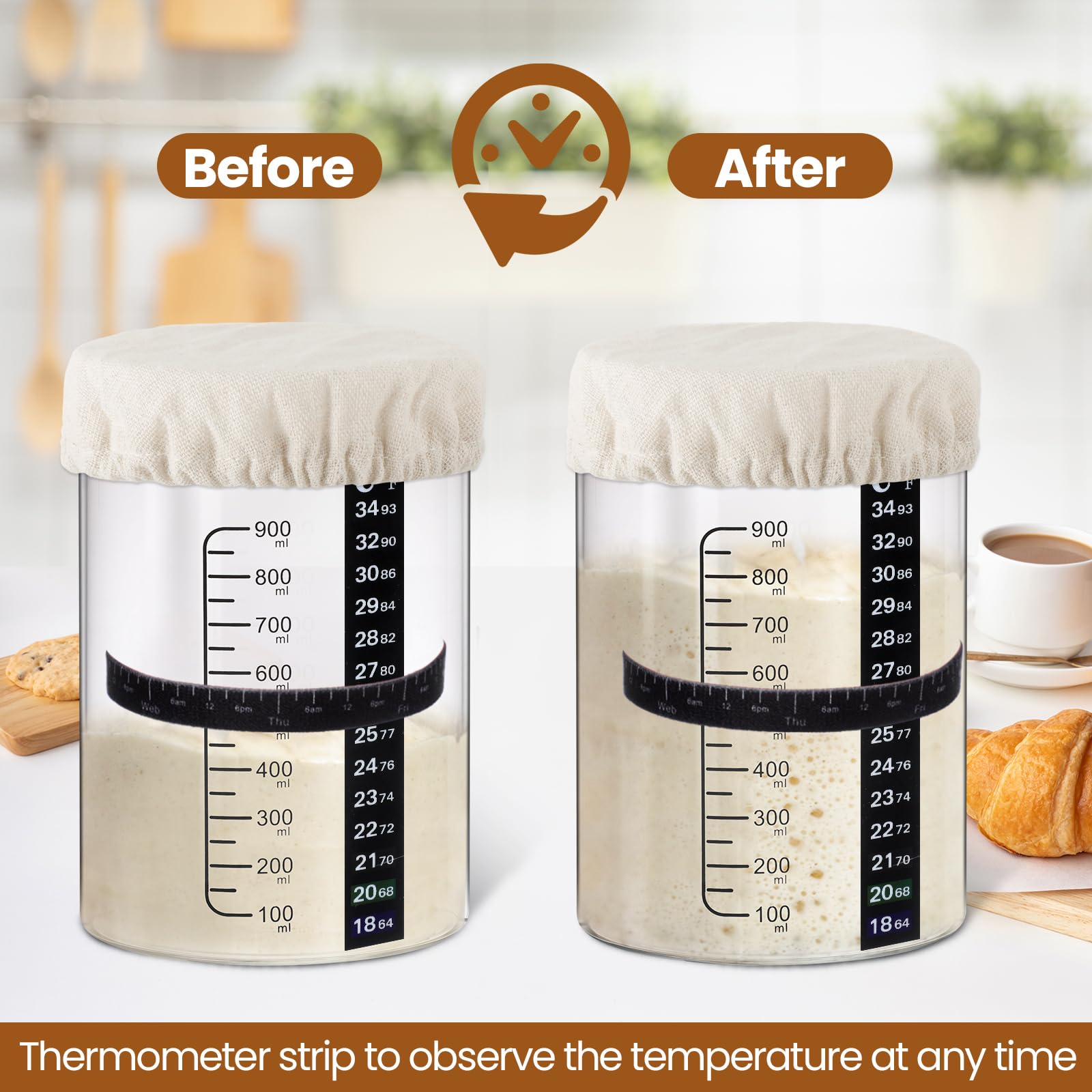 2-Pack 34 oz Sourdough Starter Kit with Thermometer, Scraper, Cloth Cover & Bamboo Lid - Wide Mouth Glass Jar for Homemade Bread Baking - Perfect for Artisan Sourdough, Pizza Dough & Fermented Foods