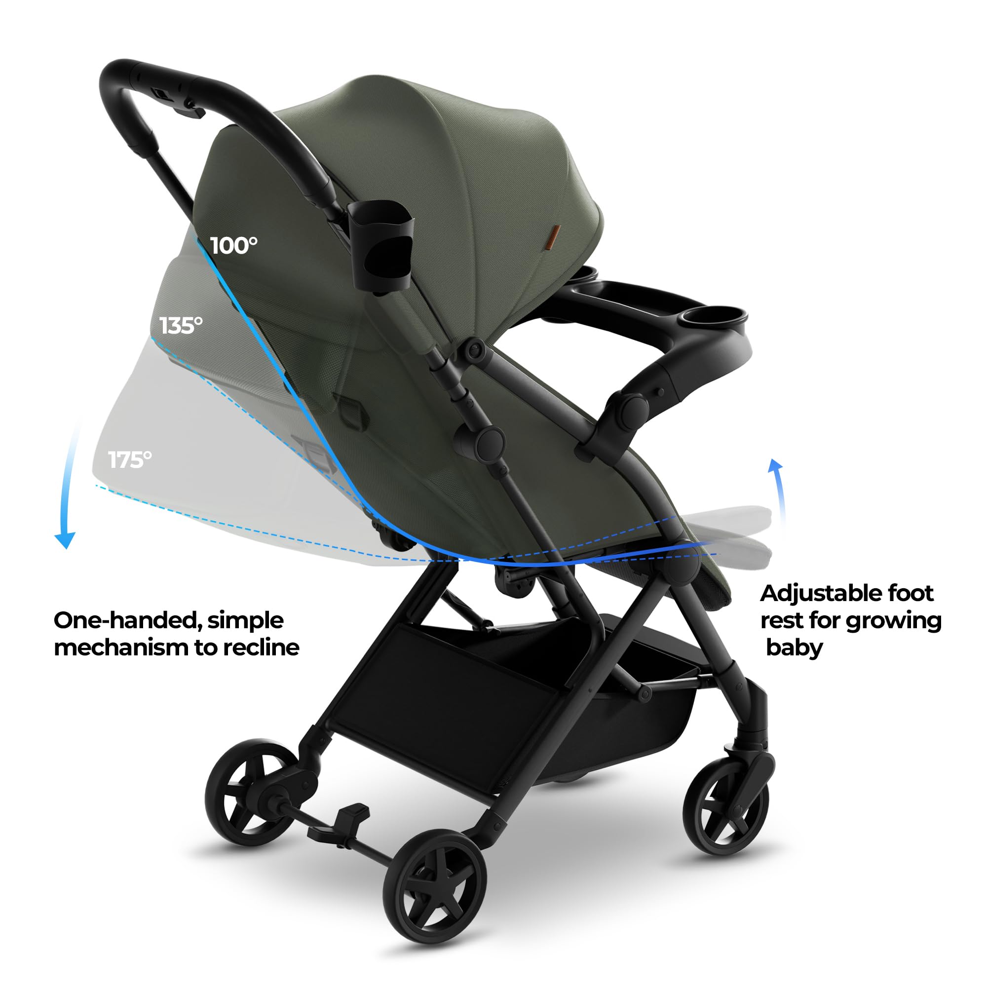 Mompush Lithe V2 Ultra Lightweight Compact Travel Stroller with Snack Tray, Cup Holder & Rain Cover - Airplane Approved Foldable Baby Stroller with Near Flat Recline Seat & Travel Bag - Perfect for Air Travel, Shopping, and Daily Walks
