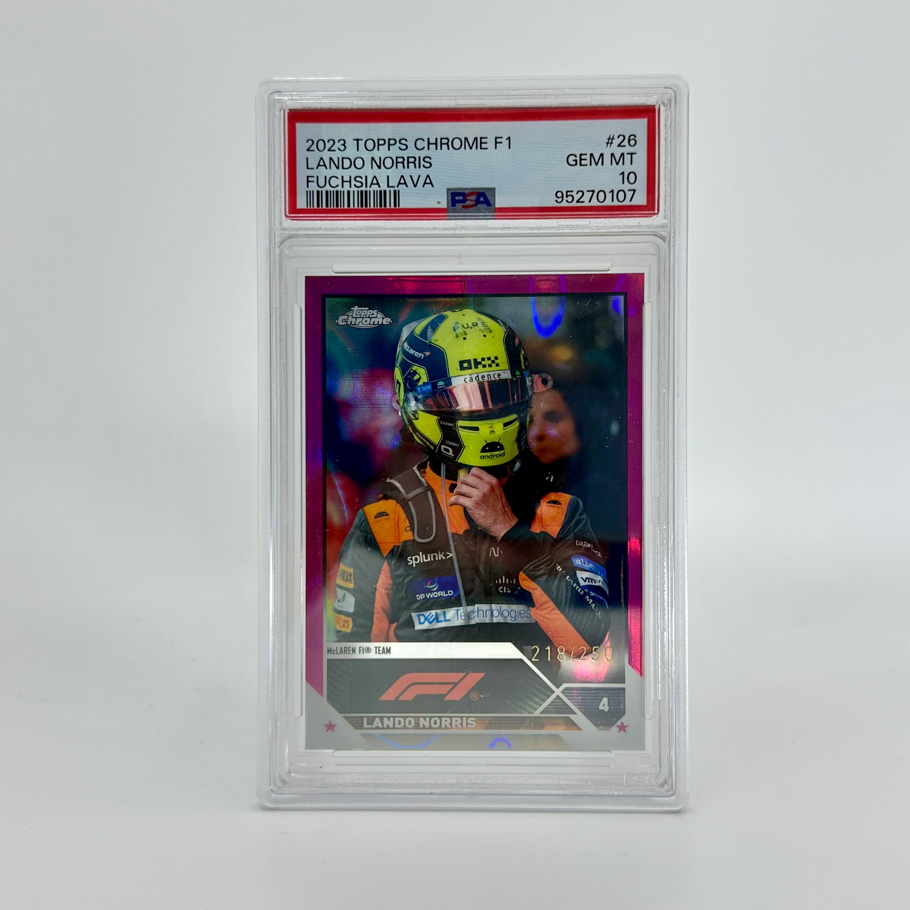 2023 Topps Chrome Fuchsia Lava Lando Norris #26 PSA 10 218/250 - Rare Racing Collectible Card for F1 Fans & Sports Memorabilia Enthusiasts