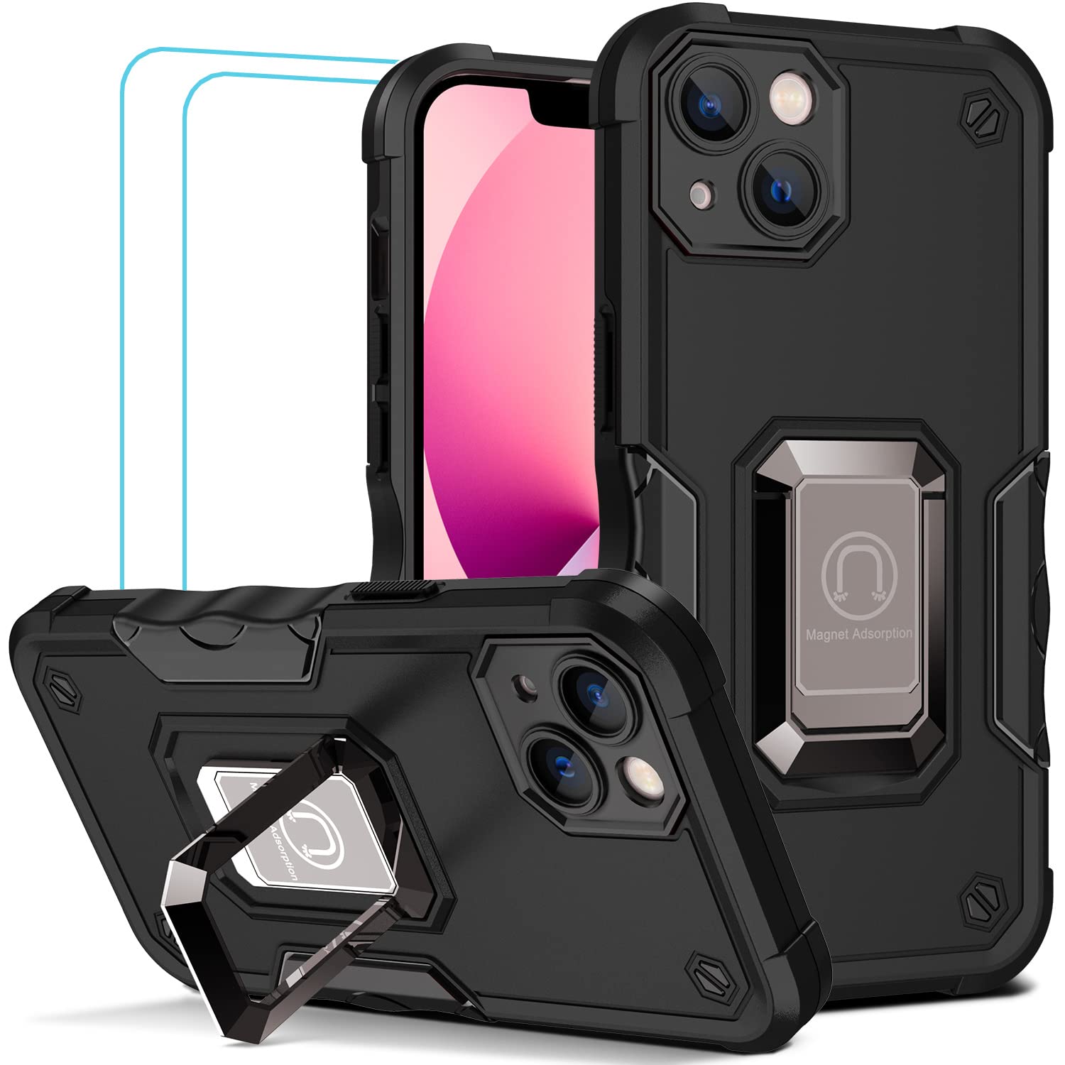 TORRTOWAY Magnetic Shockproof Case for iPhone 13 with Built-in Kickstand & Screen Protector - Compatible with Car Mount, Camera Protection, Durable Phone Cover (Black) - Perfect for Driving, Travel & Outdoor Activities