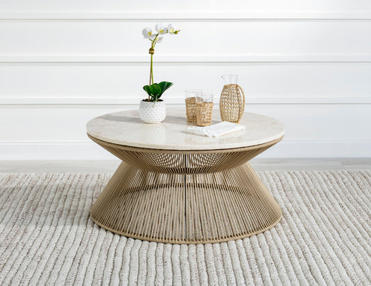 Biscayne Rope Cocktail Table with Travertine Top in Beige - Modern Coastal Living Room Furniture for Beach House Decor & Lounge Areas