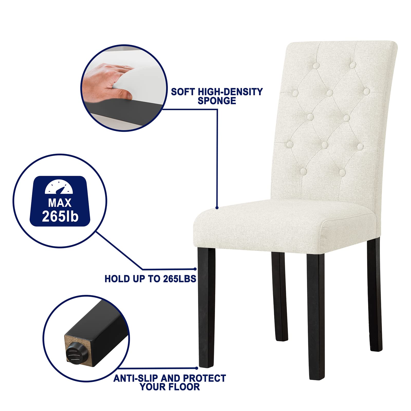 SUBRTEX Set of 2 Upholstered Dining Chairs - Parsons Style with Solid Rubber Wood Legs & Button-Tufted Design for Kitchen, Dining Room & Living Room - Ivory White (Perfect for Family Meals & Entertaining Guests)