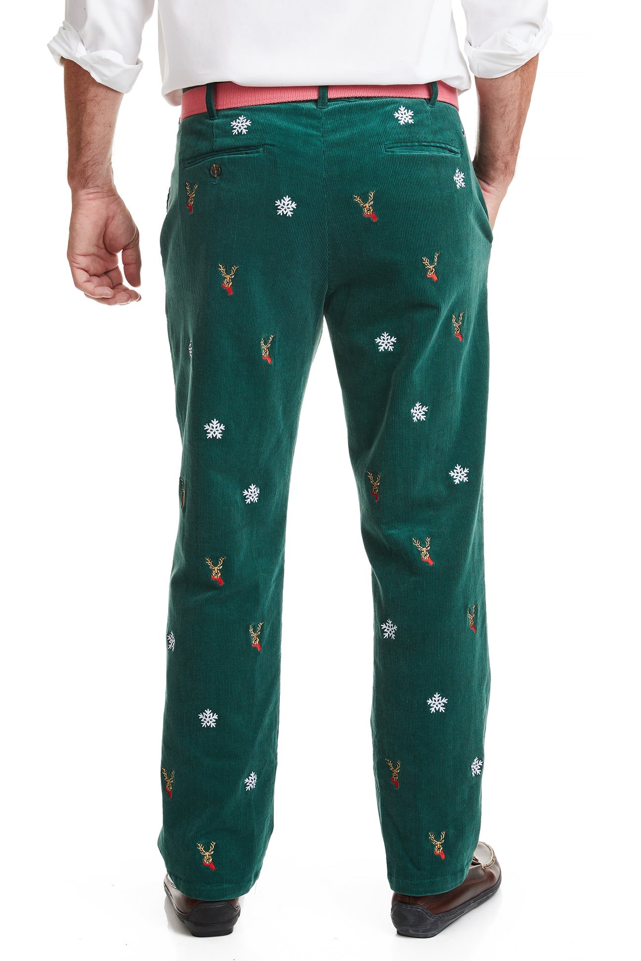 Beachcomber Corduroy Pants for Men - Hunter Green with Dasher & Snowflake Design - Perfect for Winter Outdoor Activities and Casual Wear