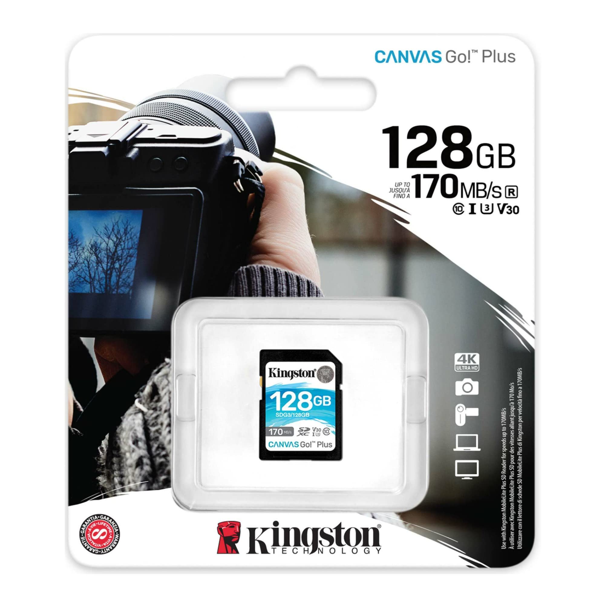 Kingston 128GB SDXC Canvas Go Plus Memory Card - 170MB/s Read Speed, 4-Pack Bundle with 2-in-1 SD Card Reader (5 Items Total) - Perfect for DSLR Cameras, Drones, Action Cams & 4K Video Recording