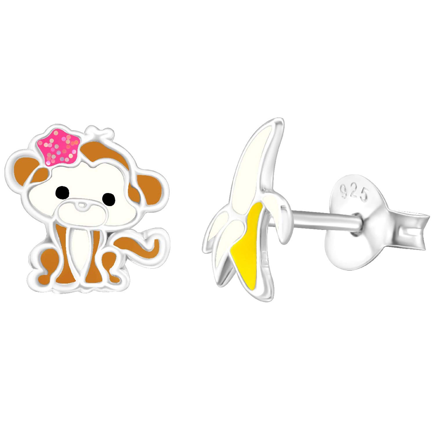 Monkey & Banana Stud Earrings Set - 925 Sterling Silver Push Back Epoxy - Fun & Playful Jewelry for Women, Girls - Perfect for Parties, Gifts, Everyday Wear