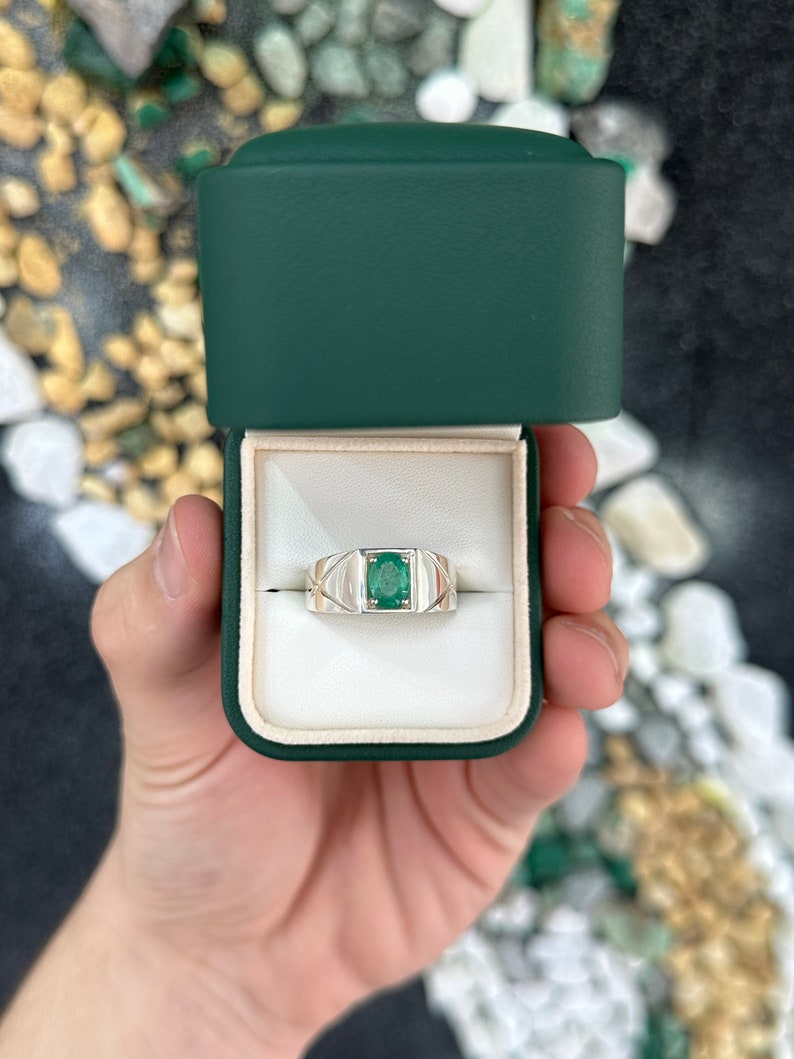 1.13 Carat Natural Green Oval Cut Emerald Solitaire Ring for Men - Sterling Silver Band, Handcrafted Jewelry for Weddings, Engagements & Special Occasions