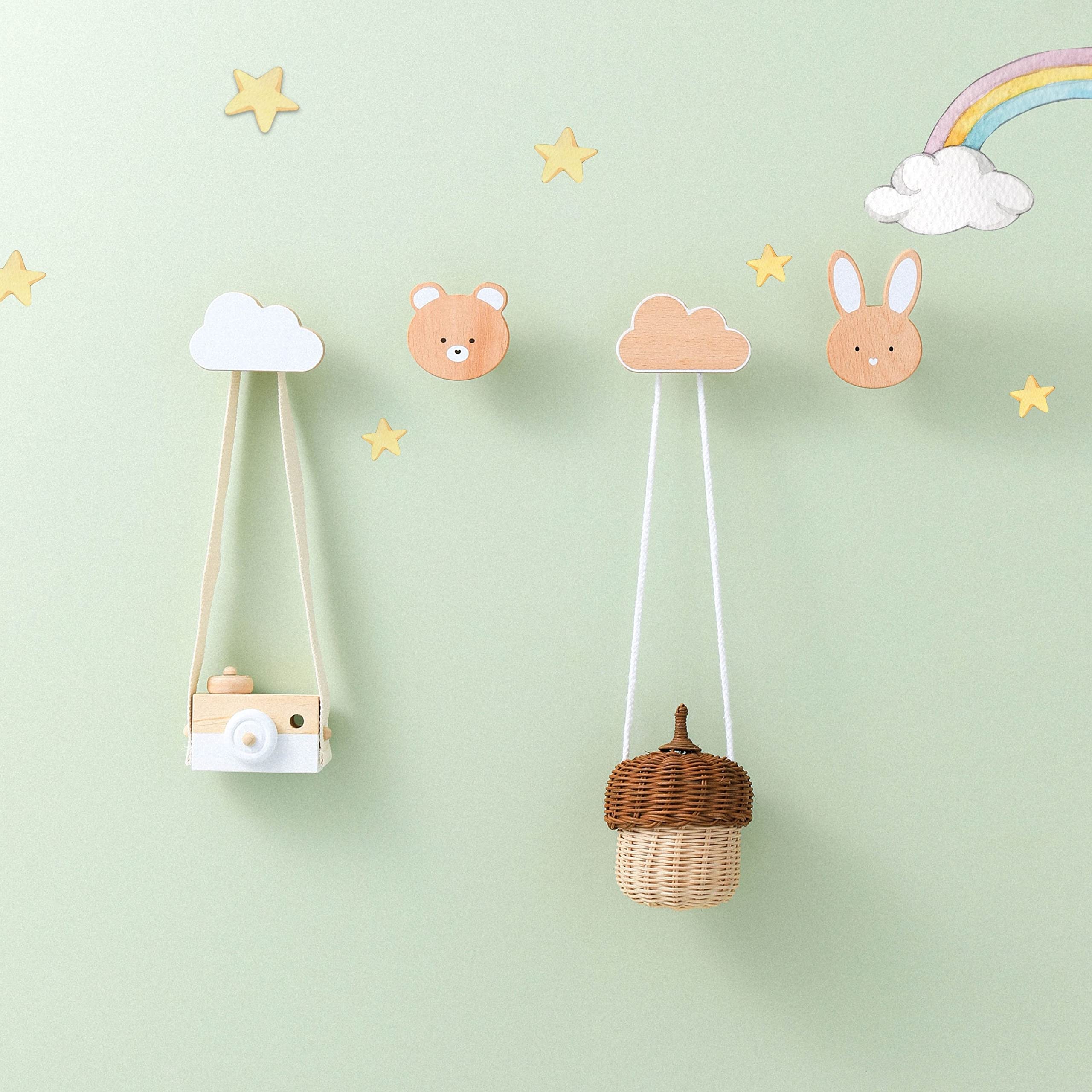 Wooden Wall Hooks for Kids Room Decor - Sturdy Metal Screw Hooks for Coats, Backpacks & Towels - Nursery, Bedroom & Bathroom Organization - Classic Cloud Design - Easy Installation