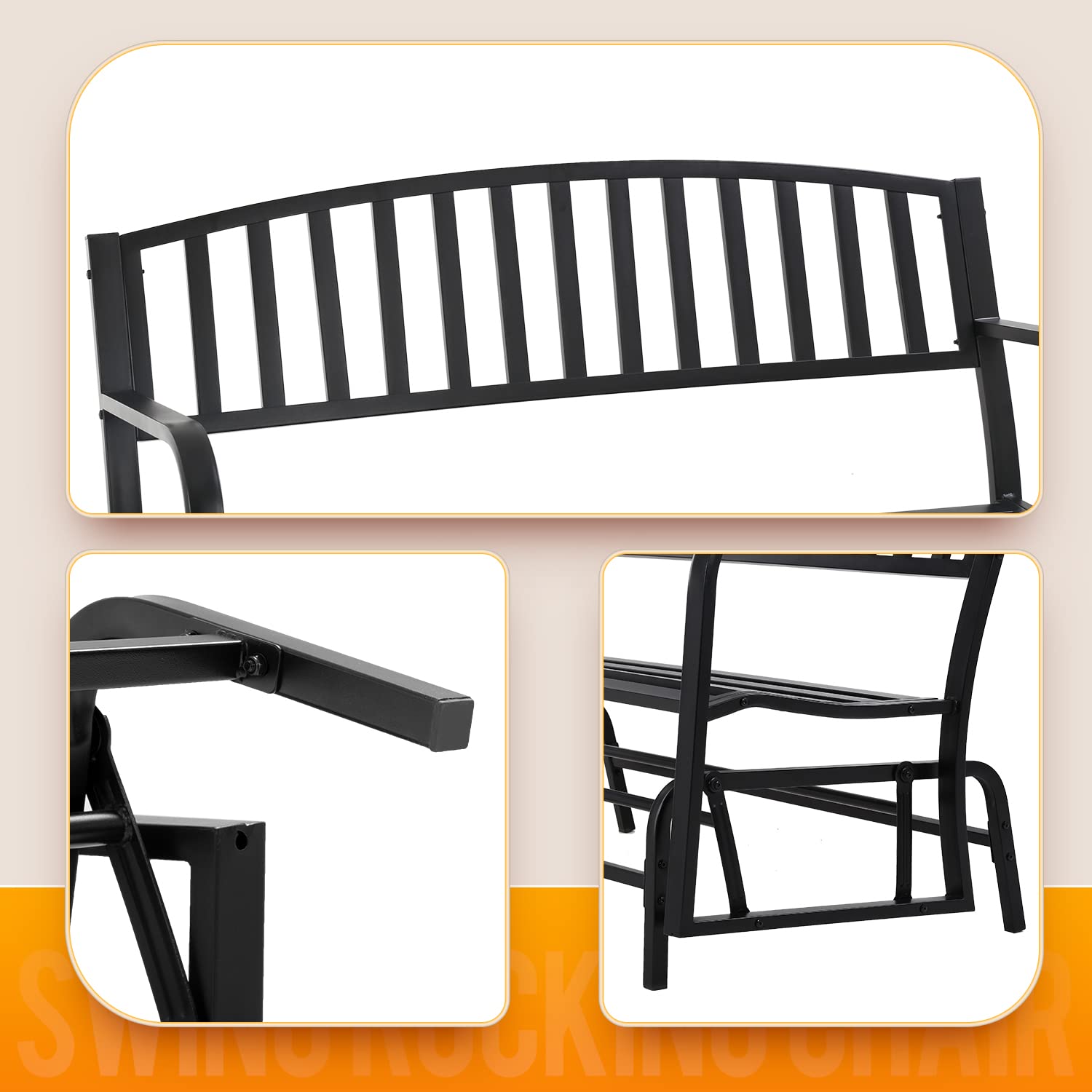 Metal Patio Glider Bench - Outdoor Swing Rocking Chair for Garden, Porch & Yard - Weather-Resistant Black Steel Glider Seat - Perfect for Relaxing, Lounging & Enjoying Nature