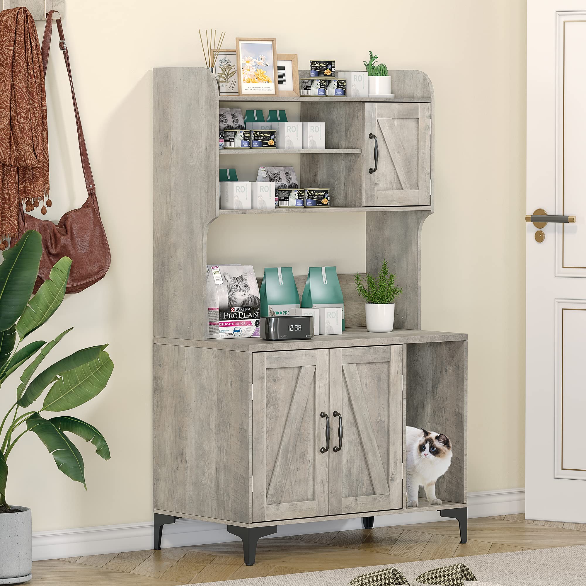 IDEALHOUSE Wooden Cat Litter Box Enclosure with Shelves & Doors - Sturdy Hidden Litter Box Furniture Cabinet for Indoor Cats - Grey | Perfect for Small Spaces & Home Decor