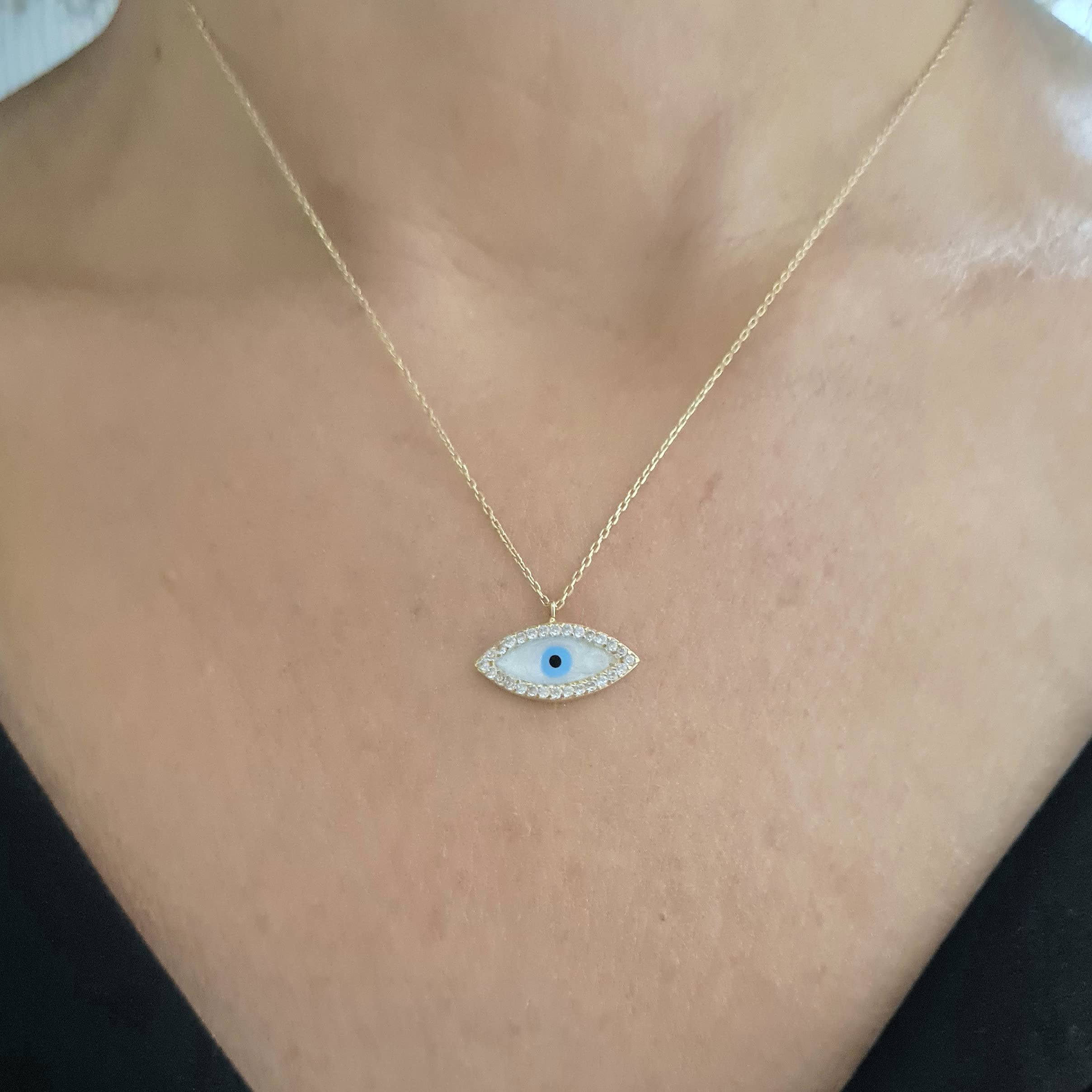 14K Real Solid Gold Mother of Pearl Evil Eye Pendant Necklace for Women - Turkish Nazar Boncuk Protection Jewelry - Elegant Good Luck Gift for Her (Birthday, Christmas, Anniversary) | Perfect for Everyday Wear, Special Occasions & Spiritual Protection