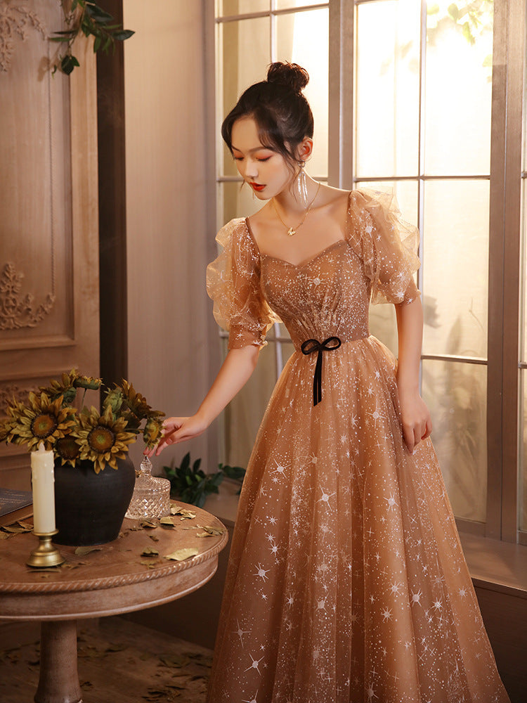 Elegant Champagne A-Line Tulle Prom Dress with Short Sleeves - Shiny Formal Evening Gown for Homecoming, Wedding Guest, Cocktail Party & Special Occasions