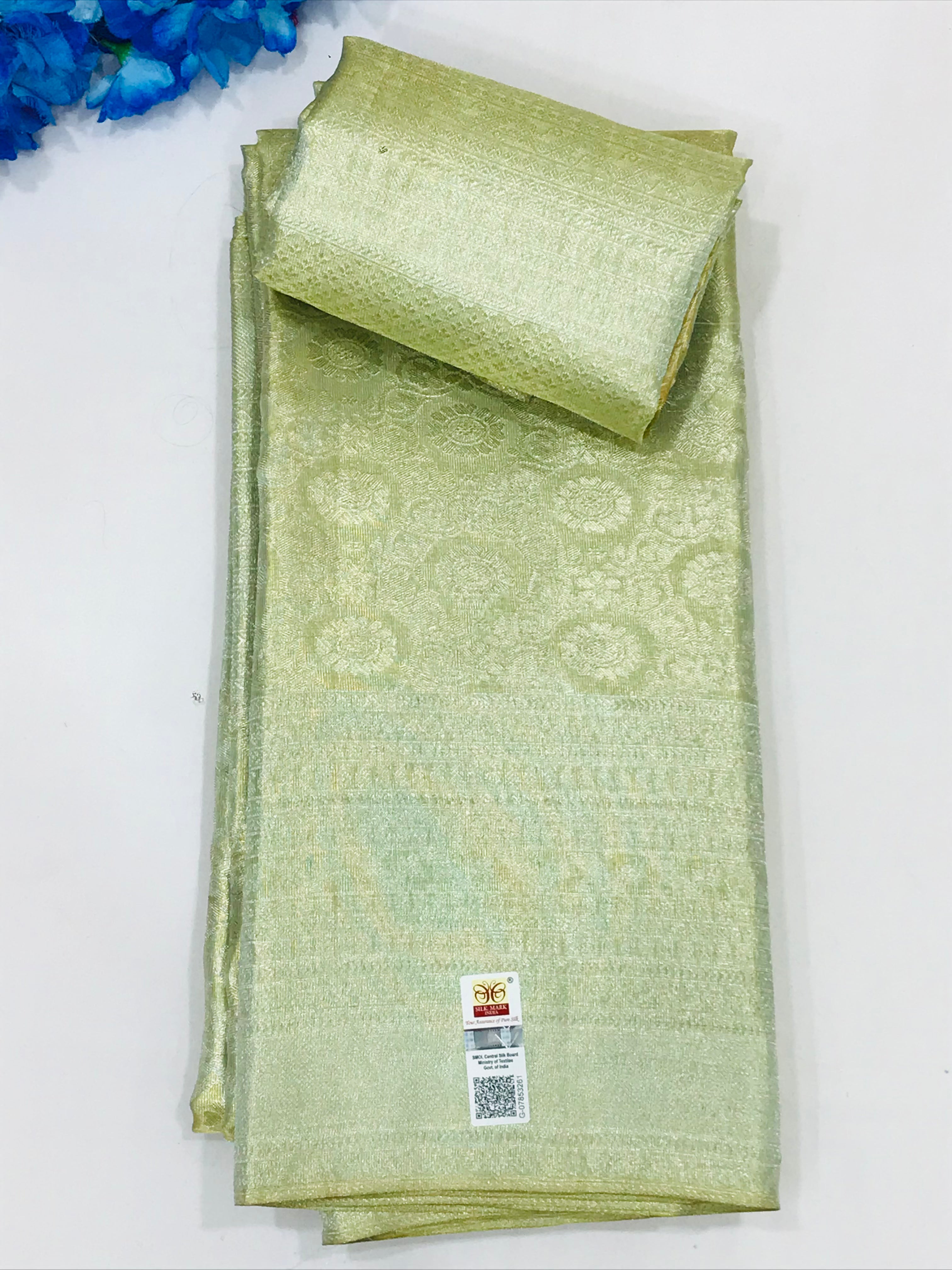 Elegant Pista Green 100% Pure Kanchipuram Silk Saree with Gold & Silver Zari - SILKMARK Certified | Perfect for Weddings, Festivals & Special Occasions