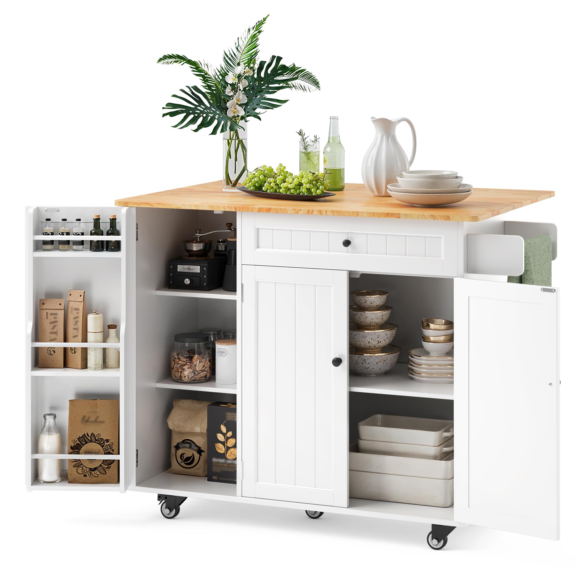 Ahomly Kitchen Island with Storage - White Drop Leaf Table with 5 Wheels, Internal Storage Rack, Drawer, Spice Rack & Towel Bar - Perfect for Small Kitchens, Dining Prep & Extra Counter Space