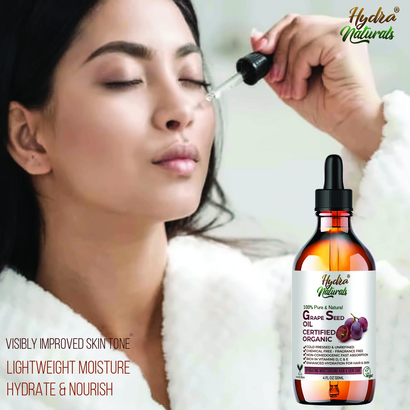 **Hydra Naturals 100% Pure Cold-Pressed Grapeseed Oil – Lightweight Moisturizer for Face, Skin & Hair – Natural Carrier Oil for Essential Oils – Hexane-Free, Non-GMO, Unrefined – 50ml – Perfect for Massage, DIY Beauty & Aromatherapy**