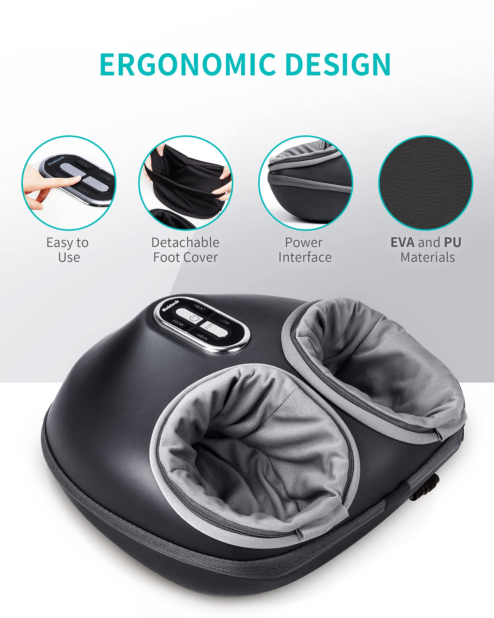 Nekteck Shiatsu Foot Massager Machine with Heat Therapy, Deep Kneading & Air Compression - Relieves Foot Pain, Improves Circulation - Perfect for Home, Office & Post-Workout Recovery (Gray)