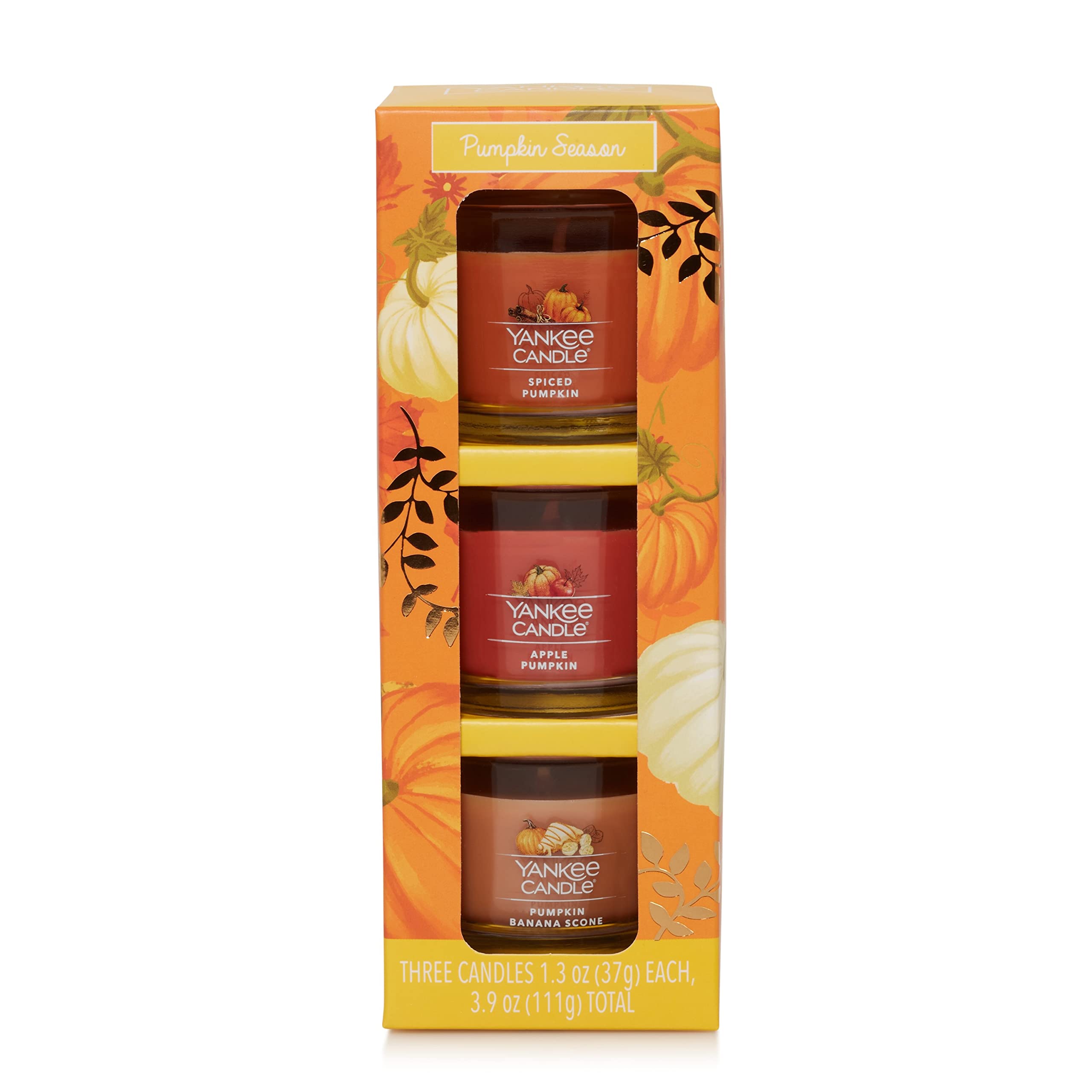 Yankee Candle Seasonal Gift Set - 3 Mini Scented Candles (Spiced Pumpkin, Apple, Pumpkin Banana Scone) | Holiday Home Decor, Fall Aromatherapy, Cozy Gift Idea for Christmas & Thanksgiving