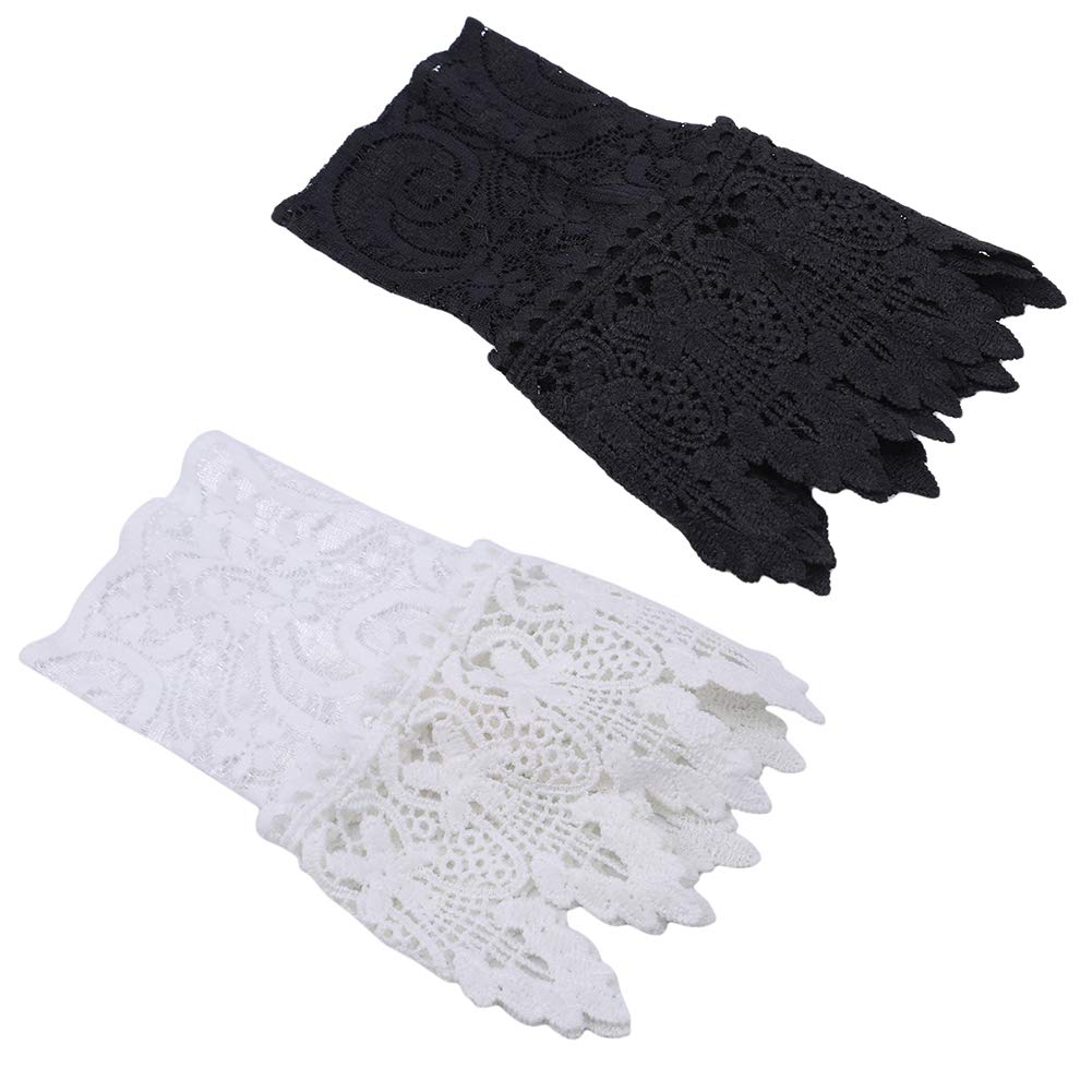 2 Pairs Women's Fake Arm Sleeves - White & Black Organza Pleated Cuff Lace Hollow Hook Arm Warmers | Elegant Goddess Style Accessories for Outdoor Activities, Cosplay & Fashion