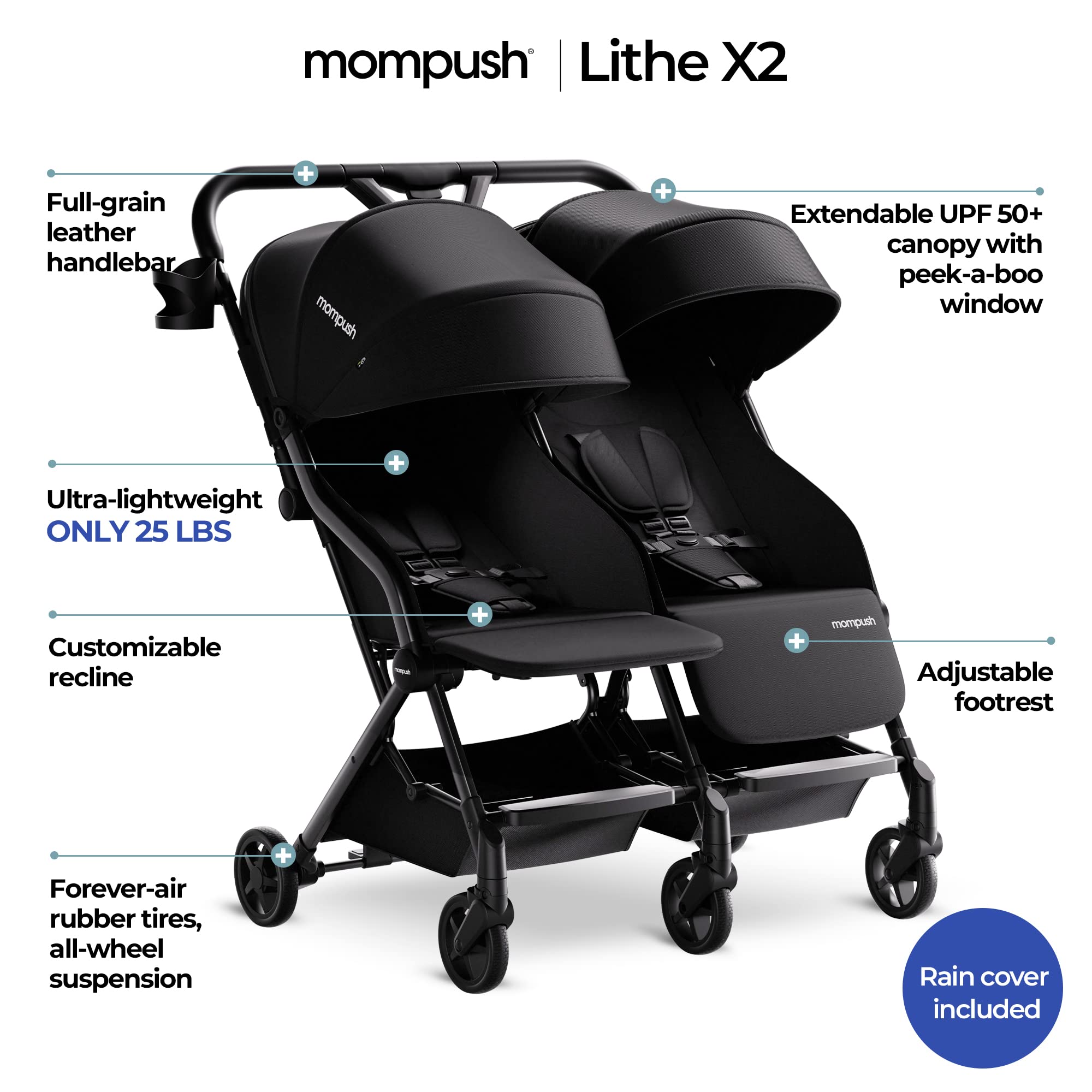 Mompush Lithe Double Ultralight Stroller - Lightweight Side by Side Baby Stroller with 2 Large Reclining Seats | Easy Fold & Compact Design | Perfect for Twins, Siblings, or Daycare Use | Ideal for Travel, Shopping & Outdoor Adventures