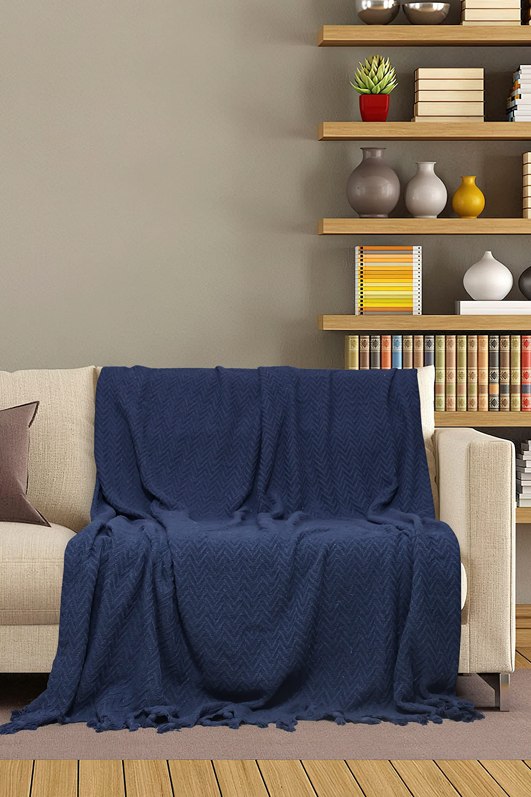 EVALAND 48x60 Inches Turkish Cotton Blanket - Ultra Soft Machine Washable Throw Blanket for Bed, Couch, Sofa & Travel - Dark Navy Blue Cozy Blanket for Home, Office & Gifts