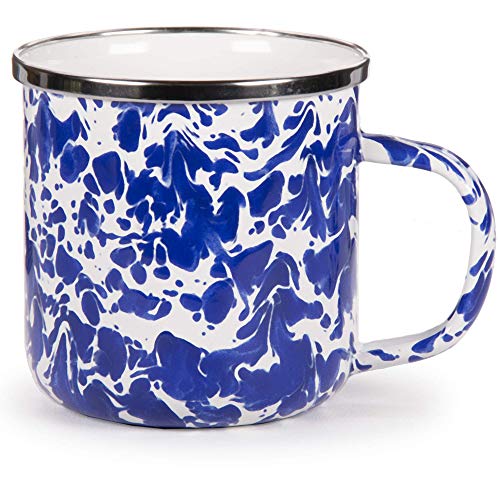 Cobalt Blue Swirl Enamelware 12 oz. Coffee Mugs - Set of 4 Rustic Camping Cups for Outdoor Picnics, Camping & Home Decor