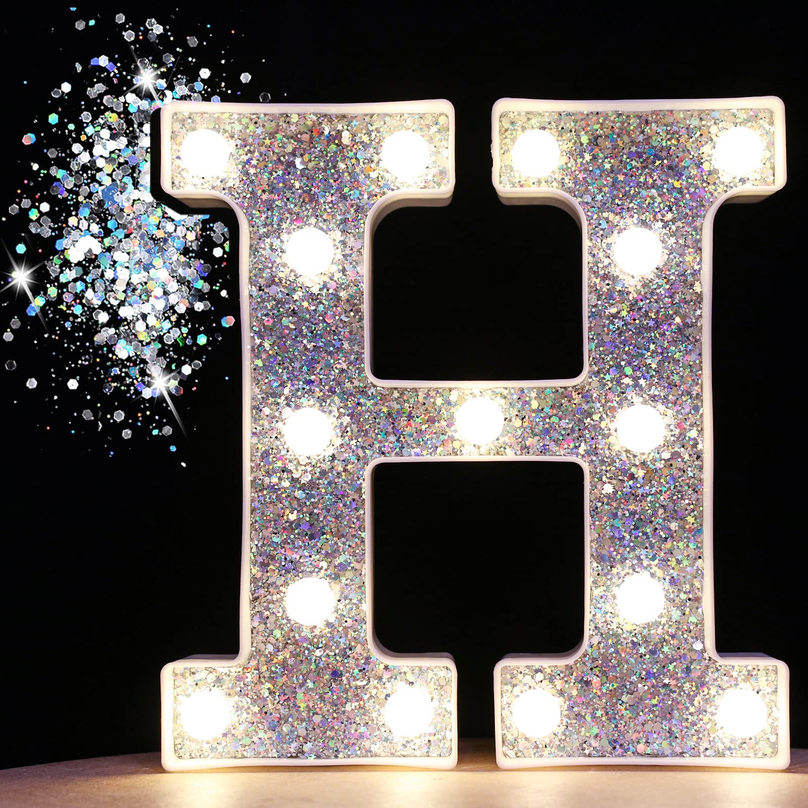 Pooqla LED Marquee Letter H - Silver Glitter Alphabet Light Up Sign, Battery Powered for Home Decor, Night Light, Birthday Party, Wedding, Christmas Decoration - Perfect for Girls Gifts & Bar Decor