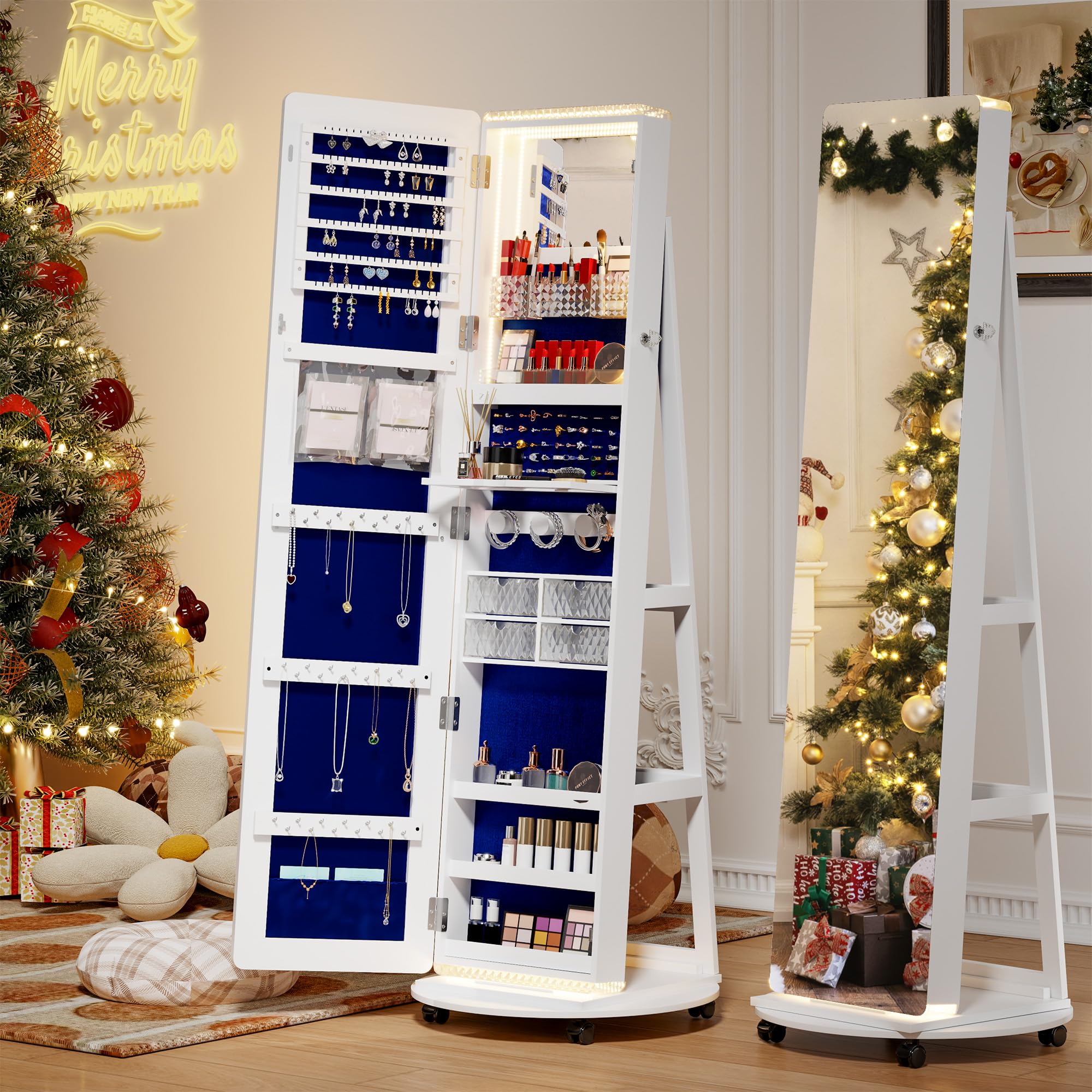 360° Swivel Standing Full-Length Mirror Jewelry Cabinet with LED Lights - Jewelry Armoire Organizer with Storage Shelves & Floor Stand - Perfect for Bedroom, Closet, Dressing Room & Vanity Decor