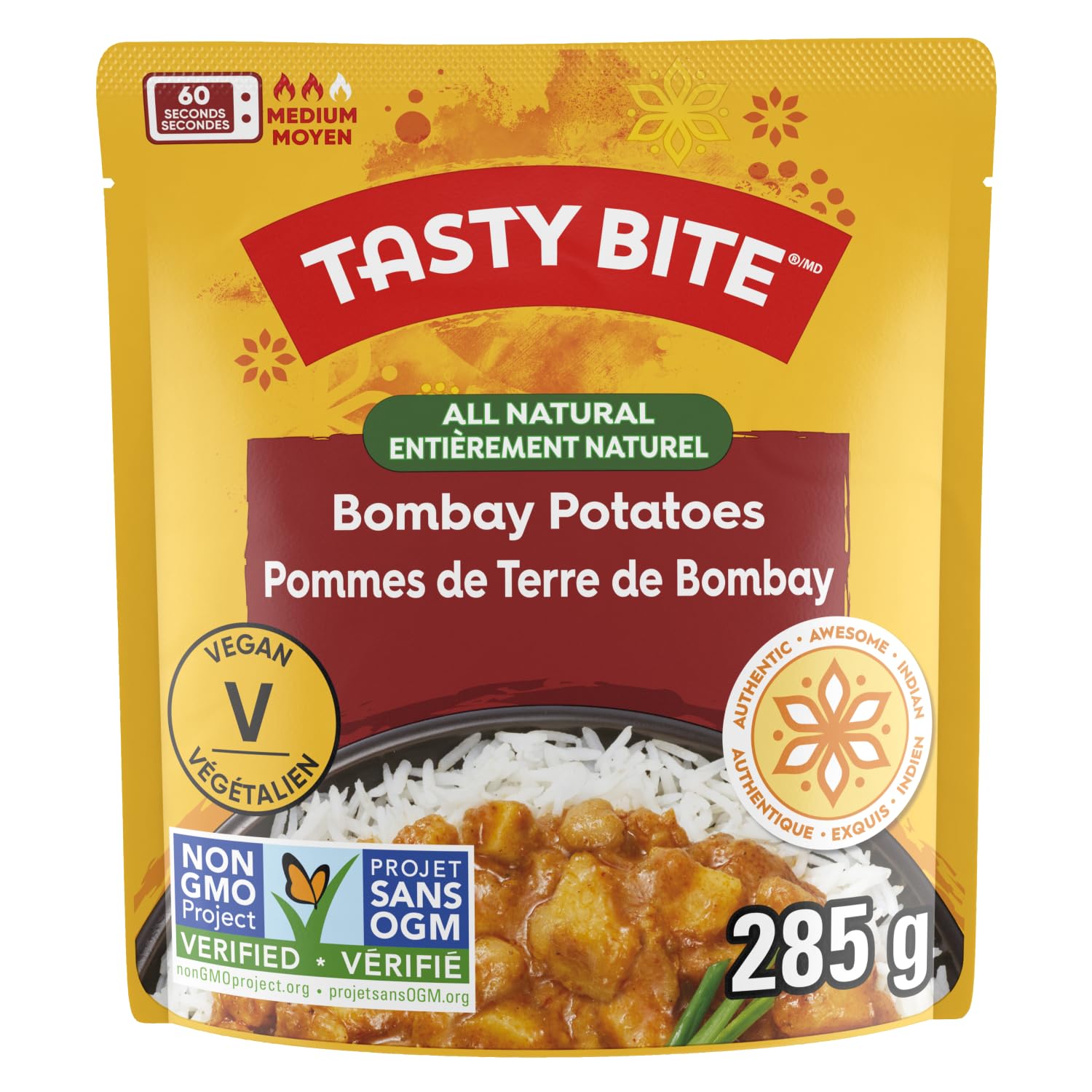 TASTY BITE Bombay Potatoes All Natural Indian Entrée, 10.1oz (285g) - Ready to Eat Vegan Meal for Quick Lunch, Dinner, or Camping Food