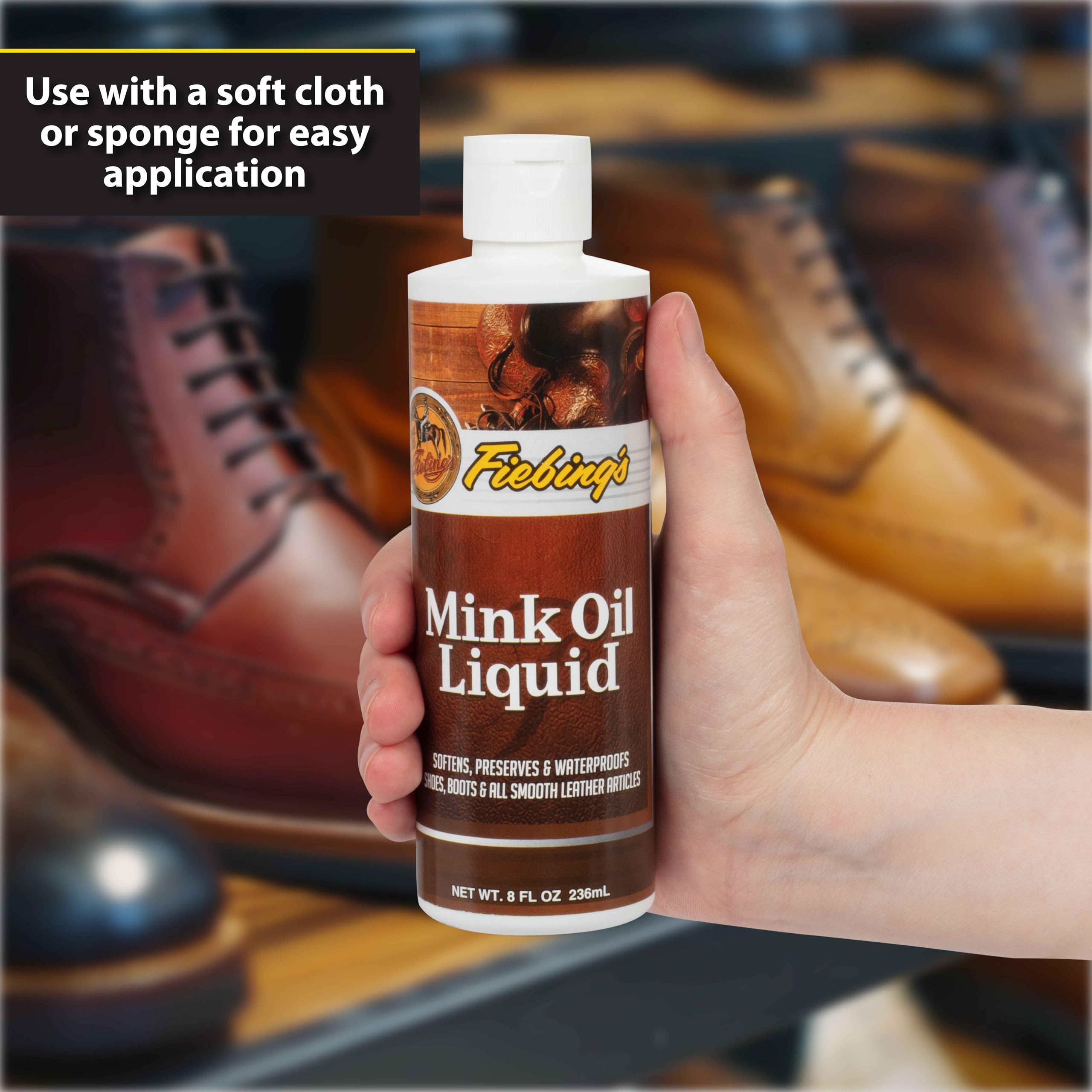 Fiebing's Liquid Mink Oil Leather Conditioner (8 fl oz) - Best Leather Cleaner & Waterproofer for Boots, Shoes, Purses & Furniture - Prevents Salt Stains & Cracks - Restores & Protects Smooth Leather, Vinyl & Leathercraft - Ideal for Winter Boot Care, Handbag Maintenance & Sofa Protection