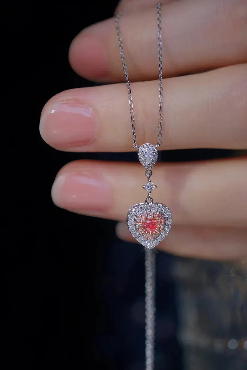 18K White Gold Heart Pendant Necklace with Real Natural Pink Diamond - Elegant Women's Wedding Jewelry for Brides, Anniversaries & Special Occasions